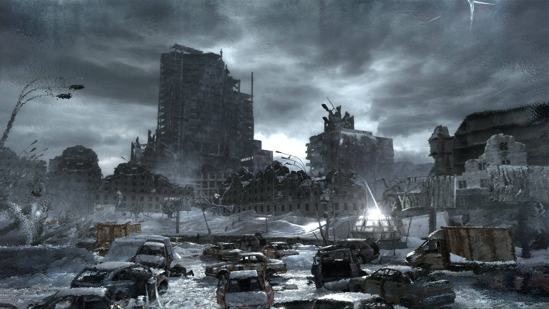 雪覆蓋的毀滅城市遺跡，廢棄汽車在風暴天空下。