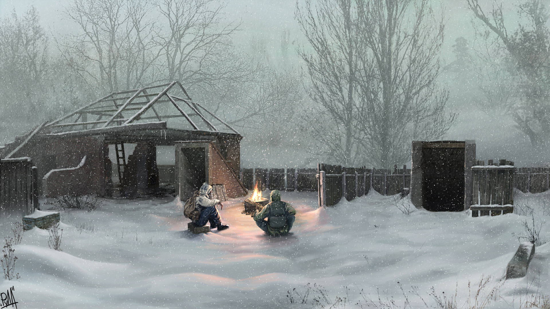兩人在雪地庭院中，在破棚屋旁的火堆取暖。