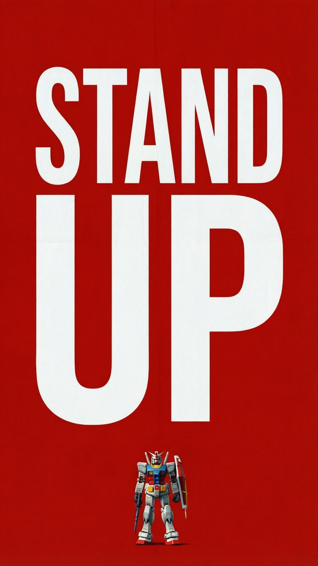 一個細小的高達機械人站在紅色背景上的「STAND UP」文字下方。