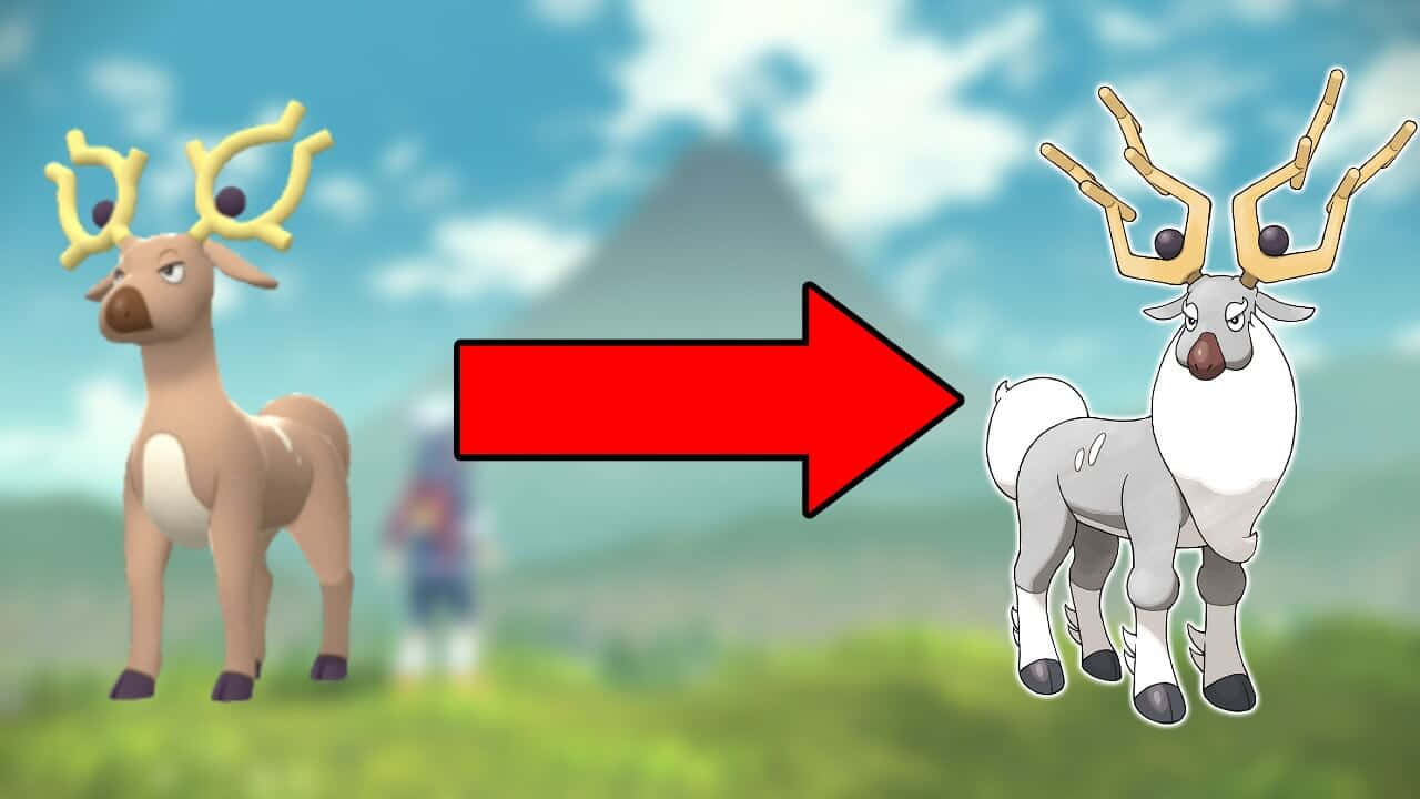 Stantler 與 Wyrdeer 的進化 壁紙 — 紅色箭頭從一隻棕色鹿狀寶可夢指向一隻白色、有相似鹿角的寶可夢，背景是模糊的山巒。