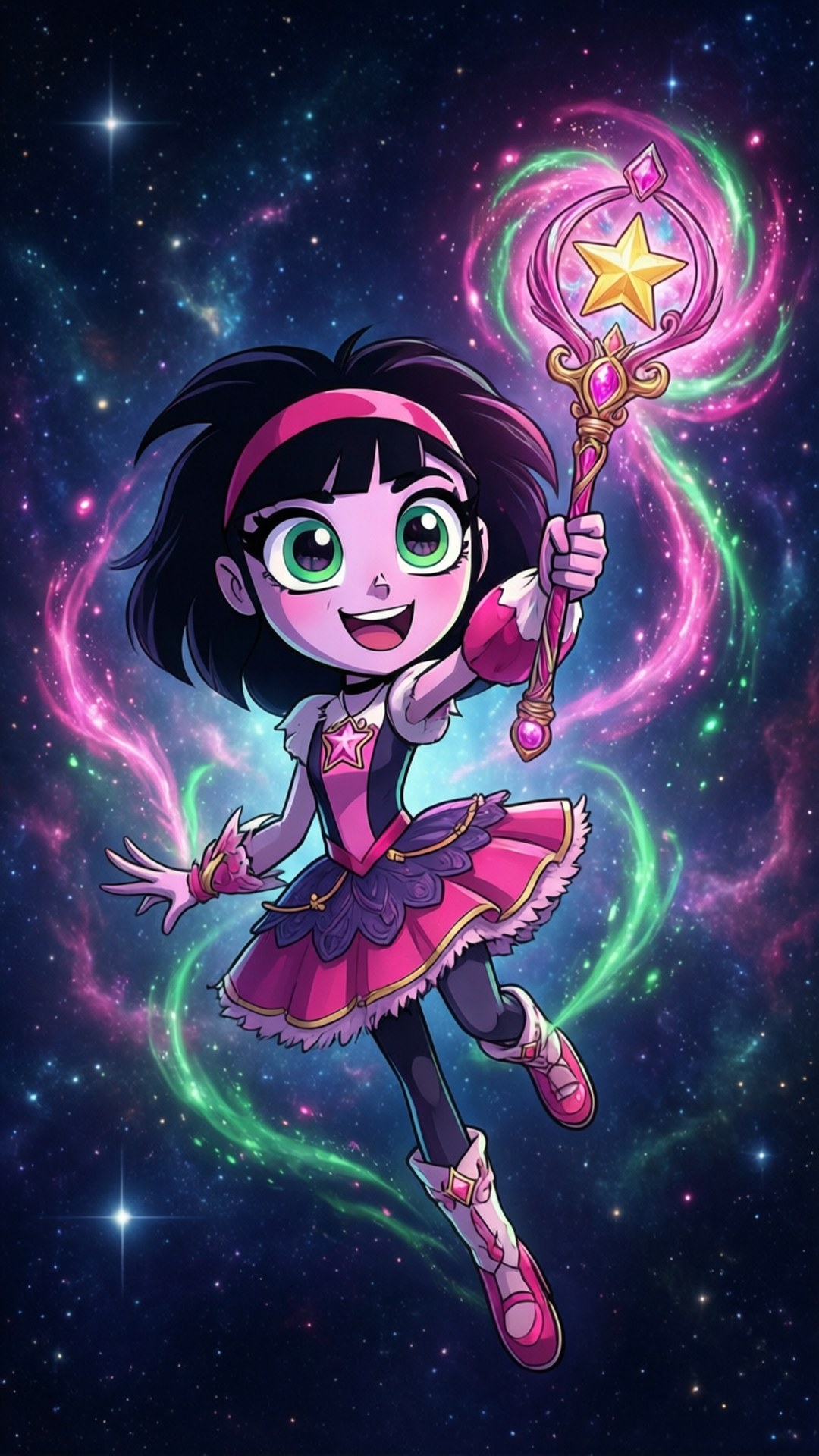 一個穿著粉紅色衣服的卡通女孩，手持發光魔杖，周圍是宇宙漩渦和星星。
