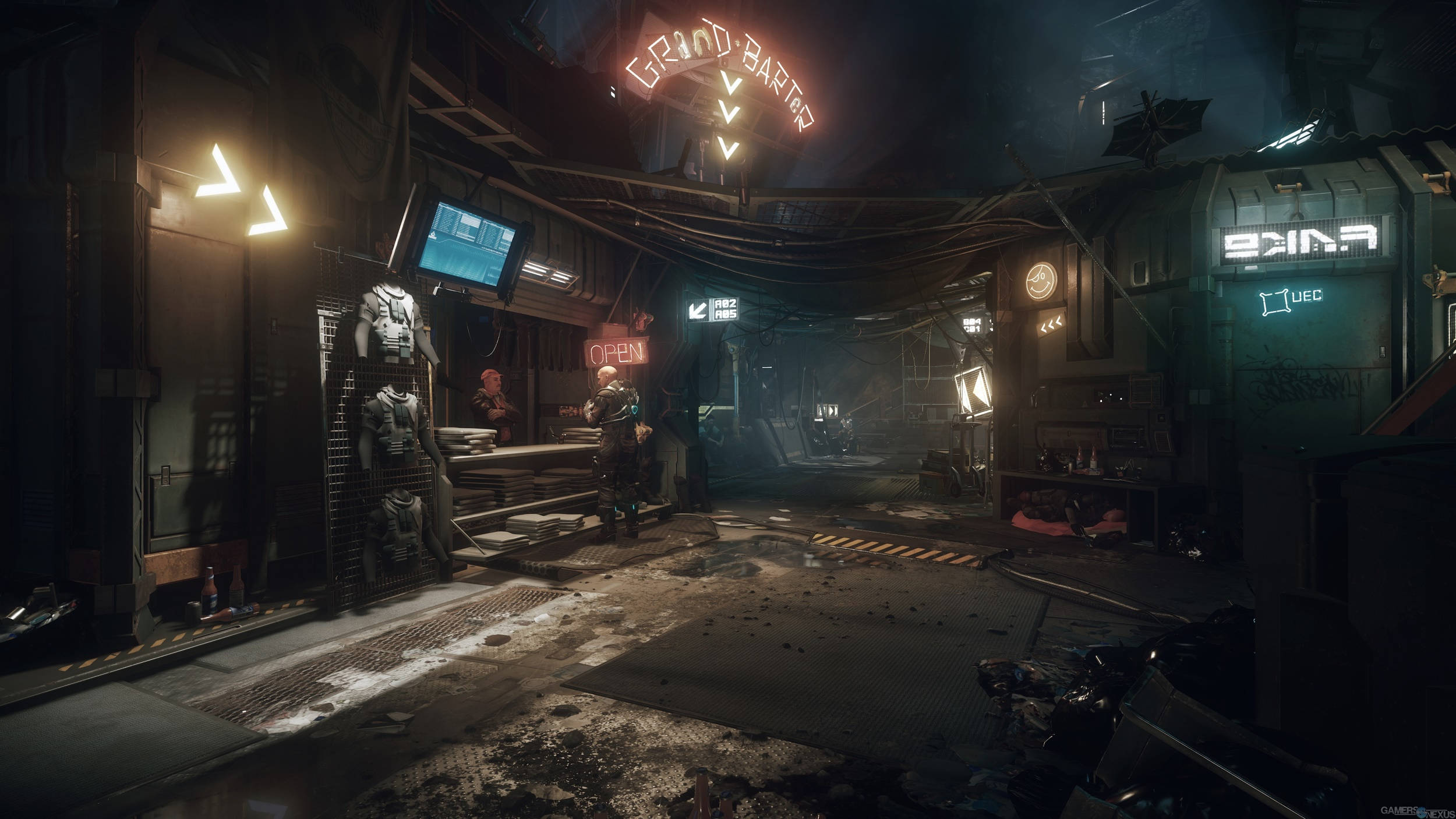 Star Citizen 3.0 截圖 壁紙 — 一間骯髒、霓虹燈閃爍的 cyberpunk 酒吧，帶有全息招牌和身穿裝甲的顧客，位於夜間被雨水浸濕的小巷中。