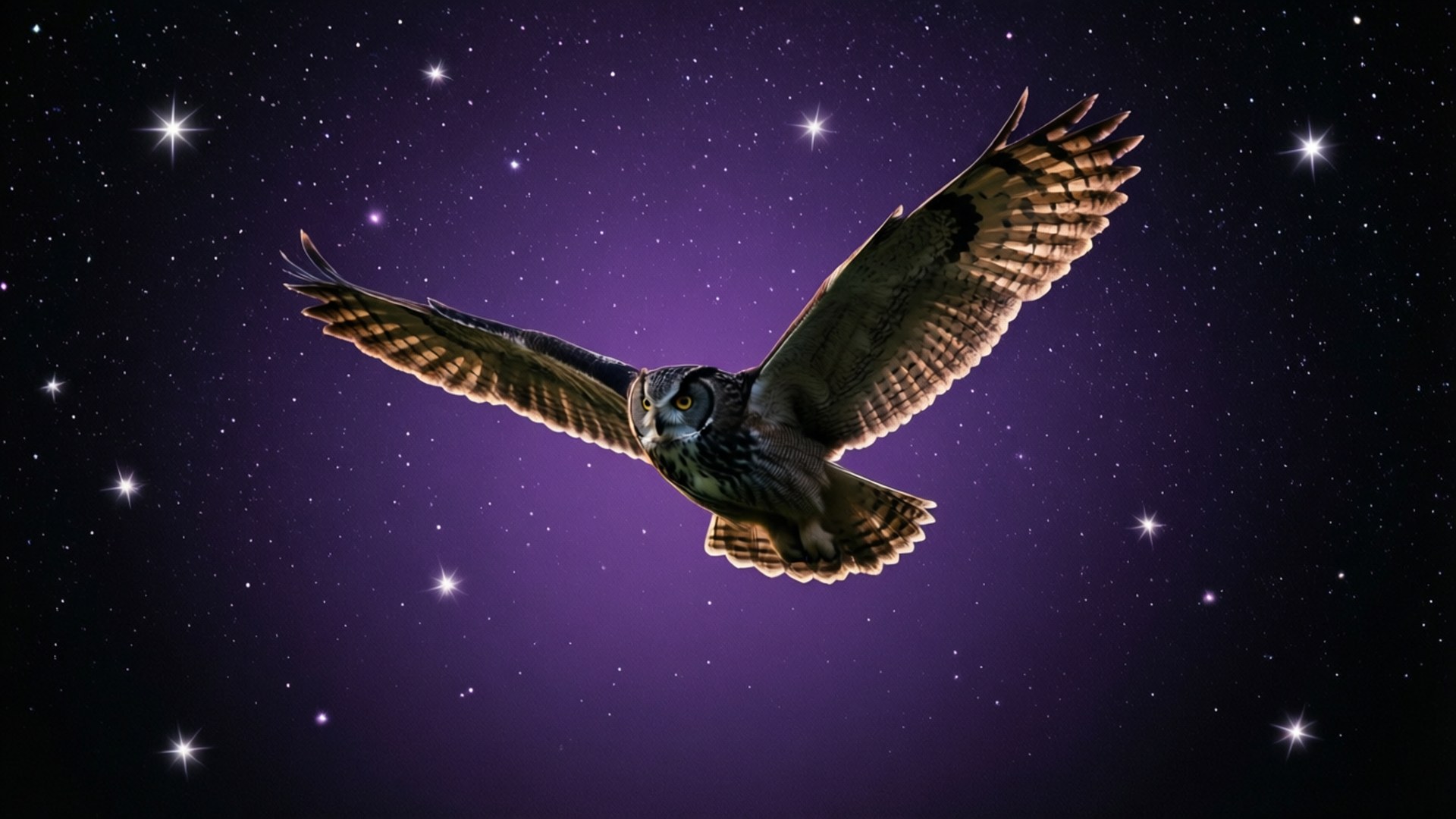 大角鴞在星空紫色夜空中飛翔