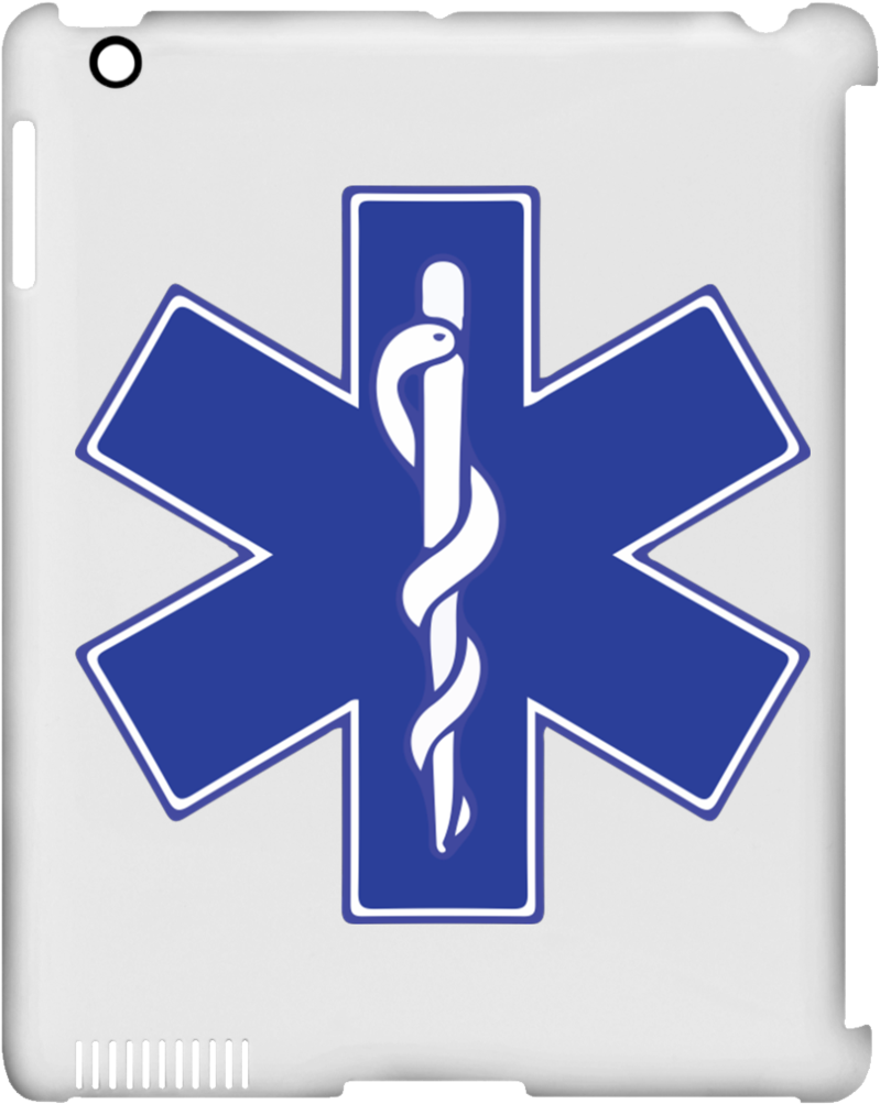 Star of Life EMS 象徵 壁紙 — 一個白色平板電腦保護殼上有一個大膽的藍色生命之星，中心有一個白色的醫療杖符號。