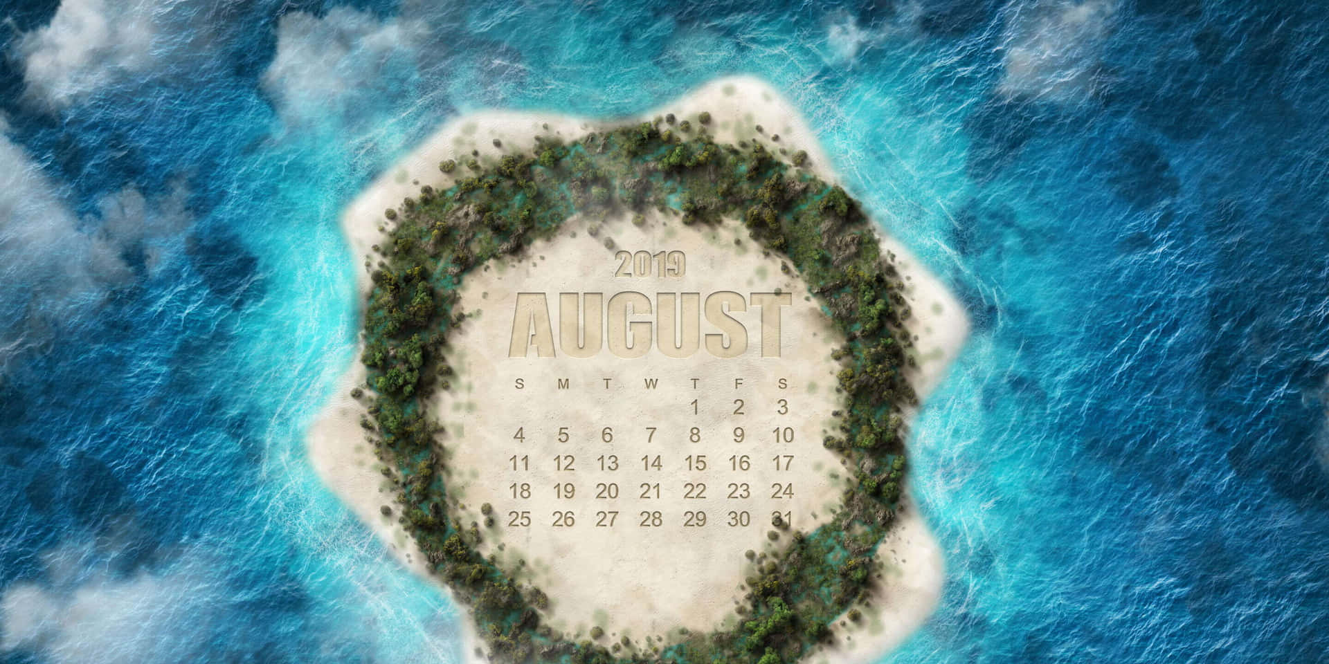 星形島嶼，沙質中心有2019年8月日曆，周圍環繞著碧綠海洋。