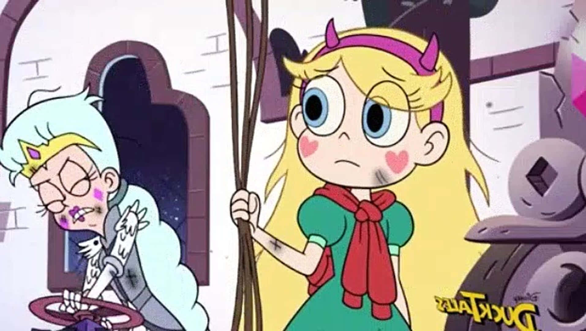 Star Butterfly 拿著掃帚，身後有一個疲憊的幽靈般的身影。