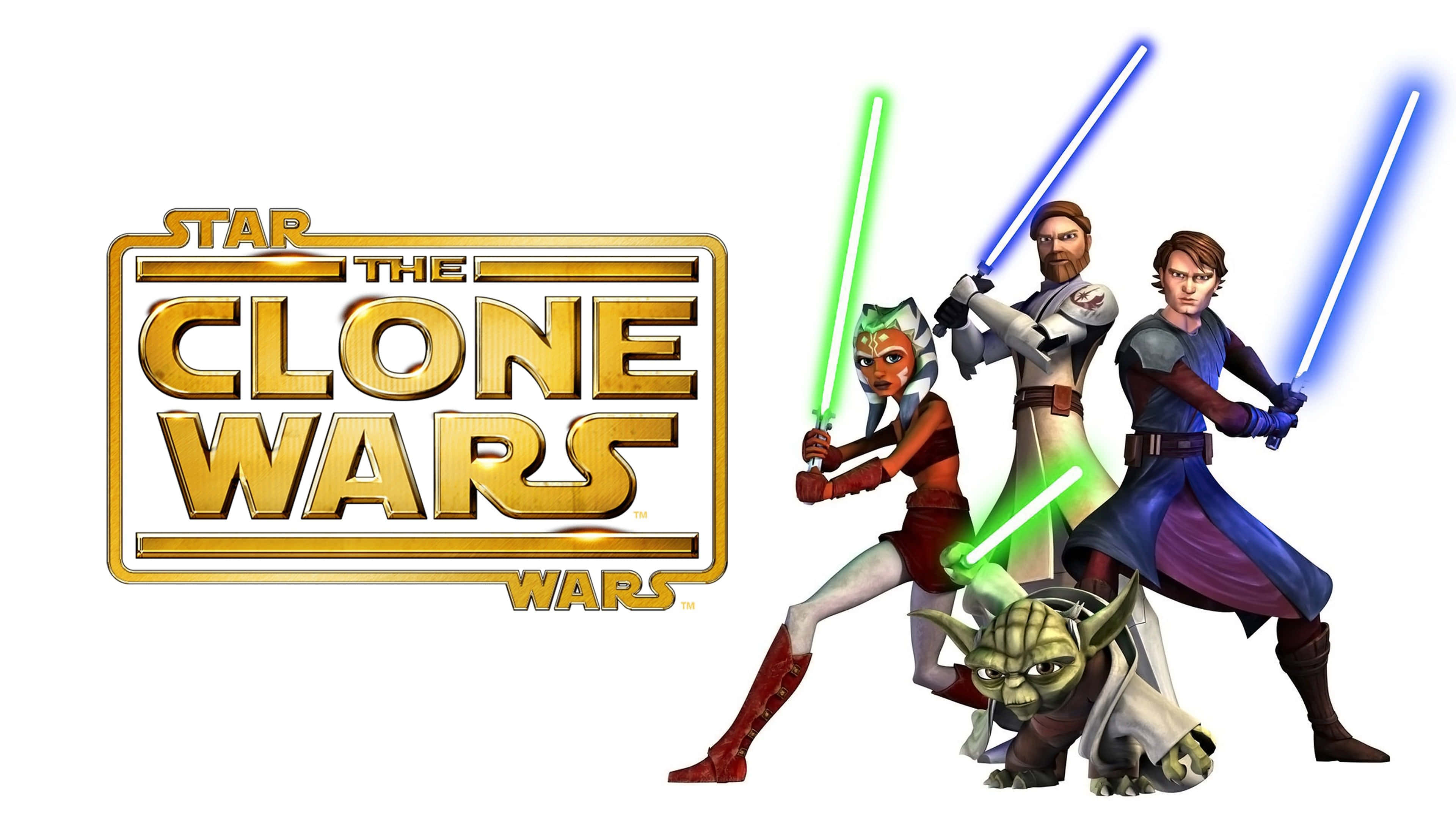 The Clone Army 桌布 壁紙 — Star Wars The Clone Wars 標誌，阿索卡、安納金和尤達以動態姿勢揮舞光劍。