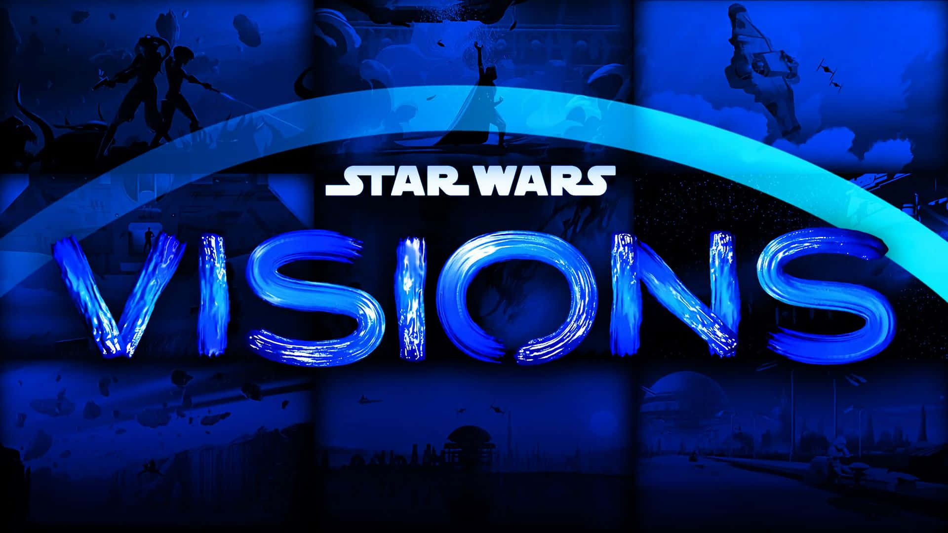  壁紙 — Star Wars Visions 標誌在黑暗的宇宙背景下發出電光藍色光芒，帶有剪影角色和漂浮的碎片。