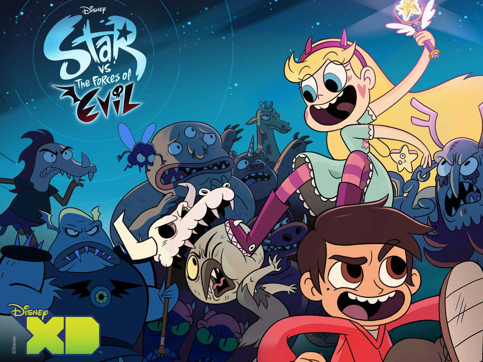 星蝶公主 桌布 壁紙 — Star 和 Marco 在星空下愉快地與一群怪物戰鬥，這是一張迪士尼 XD 動畫海報。