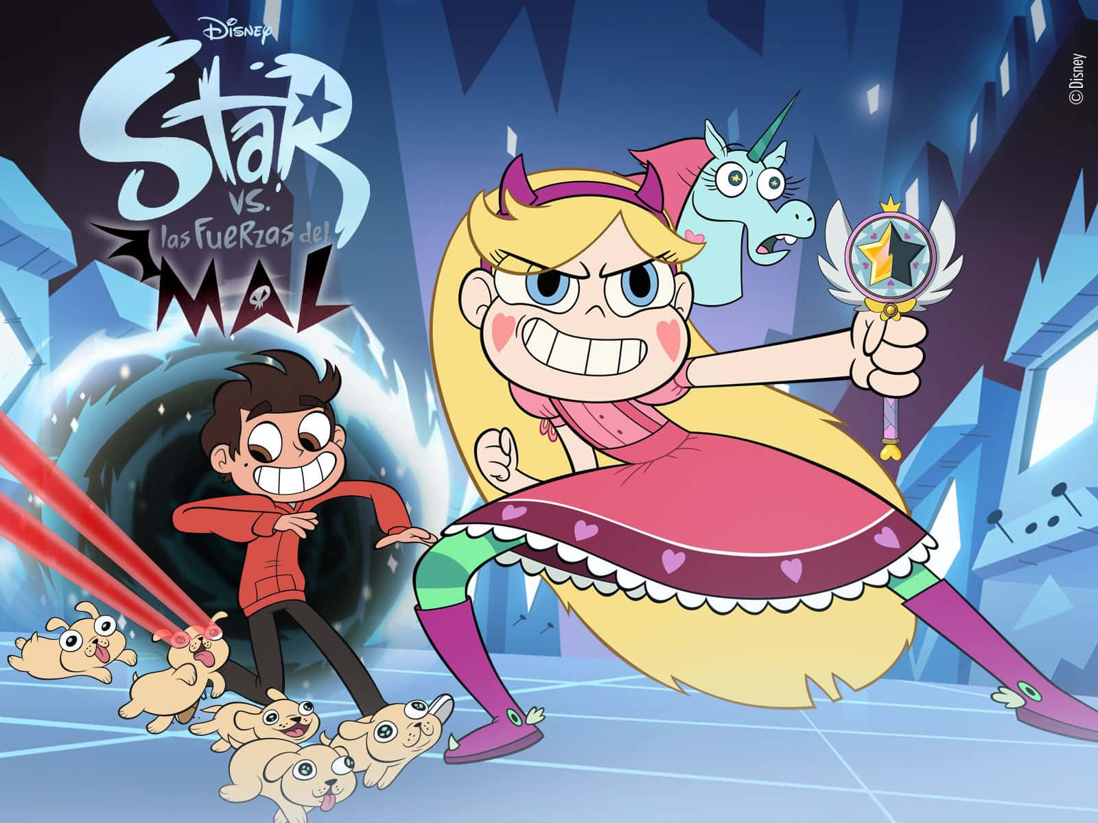 星蝶公主 桌布 壁紙 — Star 和 Marco 在發光的結晶堡壘中用激光束和魔法杖對抗邪惡勢力。
