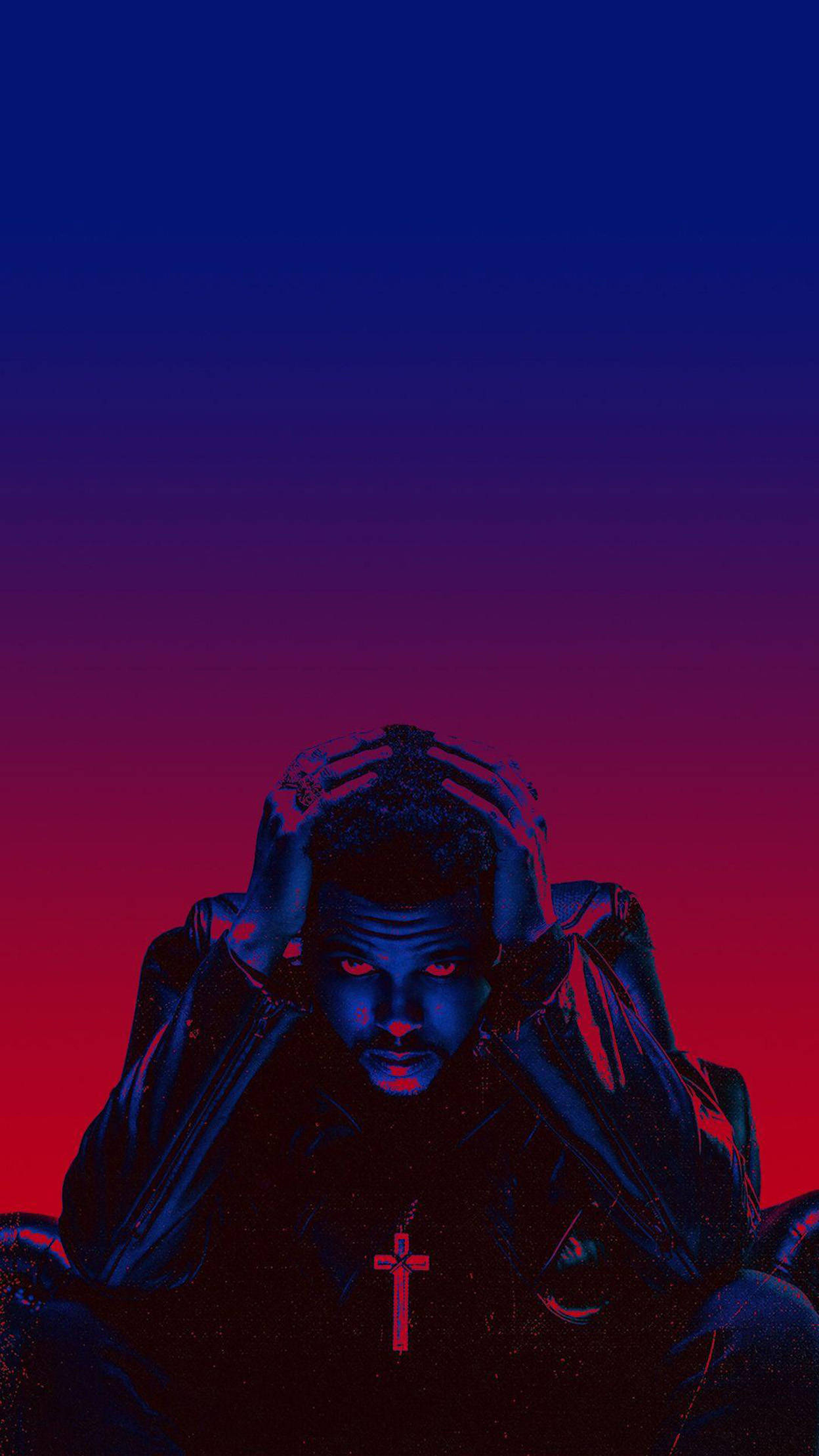 Starboy iPhone 壁紙 — 一個穿著深色外套的男人將頭靠在一片從藍色到紅色的鮮豔漸變天空上。