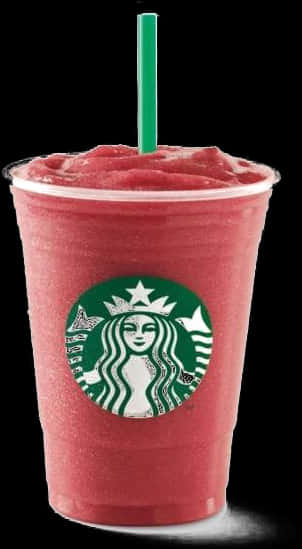 Starbucks 冷凍草莓飲品 壁紙 — 在黑色背景上，一杯帶有綠色吸管和標誌的鮮紅色星巴克星冰樂。