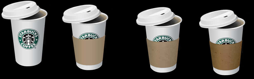 Starbucks 咖啡杯系列 壁紙 — 四個附有蓋子的Starbucks咖啡杯在黑色背景上排成一排。