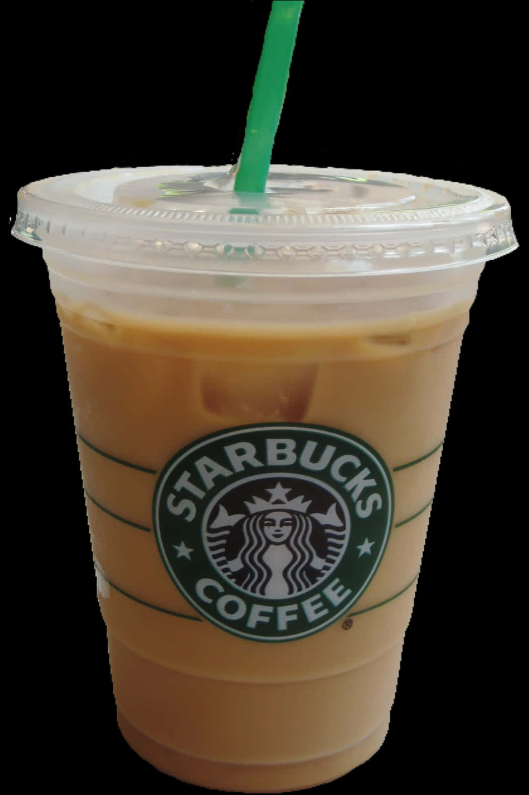 Starbucks 冰咖啡杯 壁紙 — 一杯星巴克凍咖啡，盛載於透明塑膠杯內，配有綠色飲管及標誌，背景為黑色。