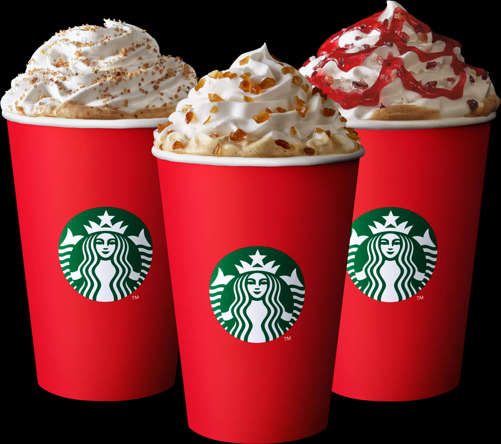 Starbucks 節日飲品系列 壁紙 — 三個紅色Starbucks杯，上面有鮮奶油，襯托黑色背景。