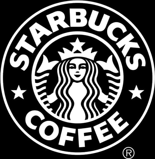 Starbucks 黑白標誌 壁紙 — 黑白星巴克標誌，以純黑色背景襯托戴著皇冠、秀髮飄逸的海妖。
