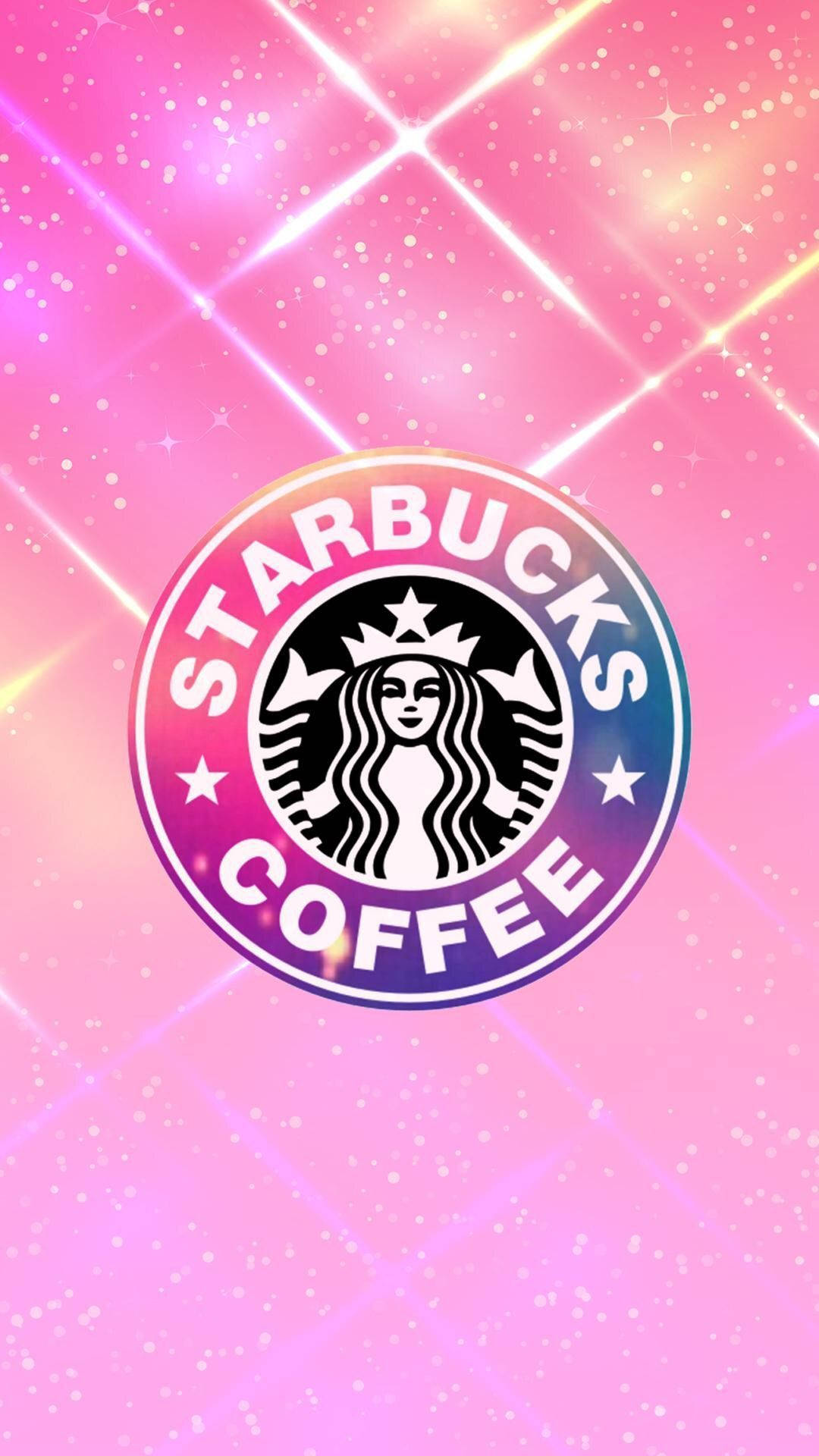 Starbucks 標誌在粉紅色閃爍背景上，帶有光束。 — 粉紅色 iPhone 壁紙