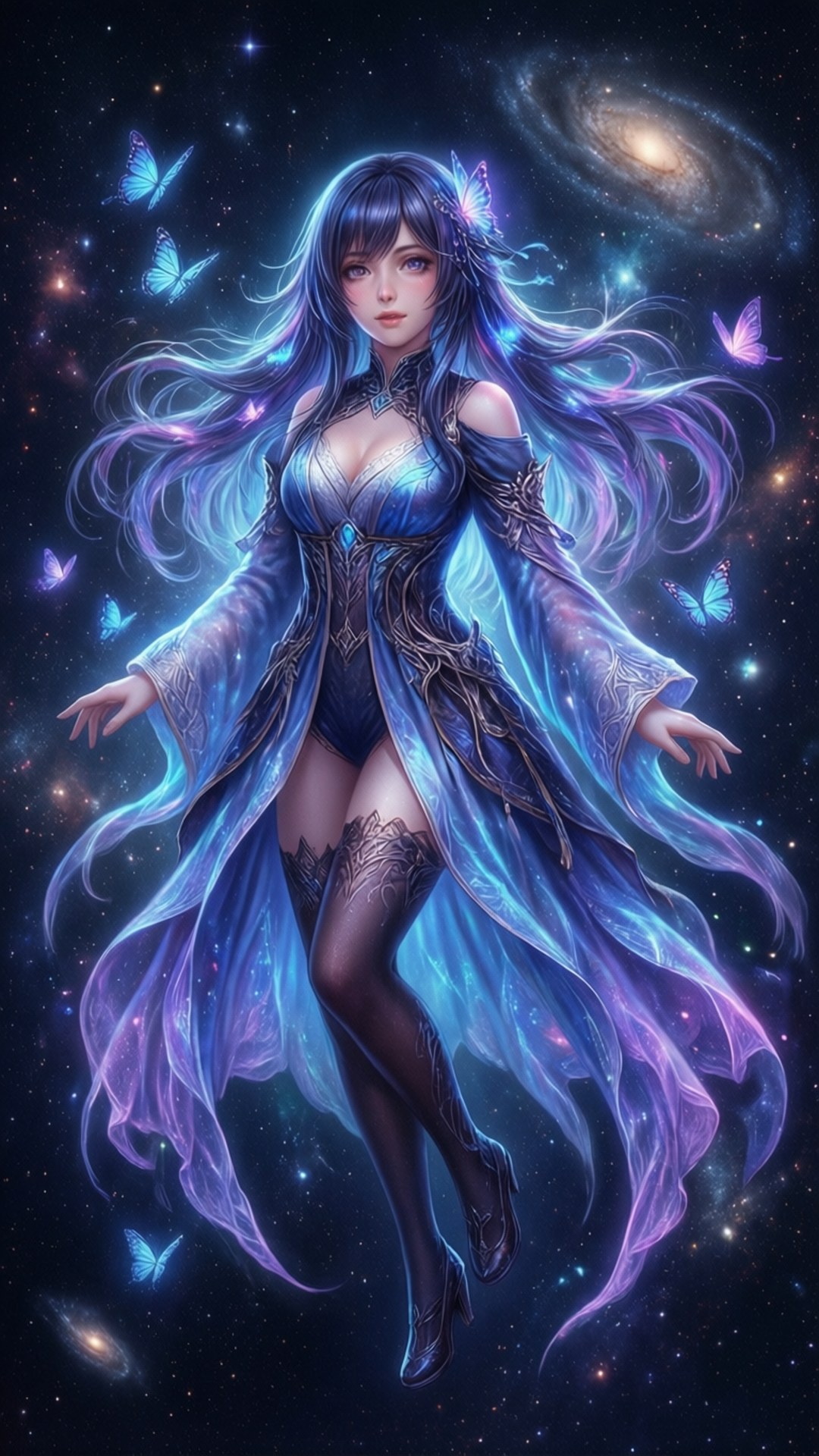 一位藍髮女子穿著閃爍長袍，在太空中被蝴蝶和星系環繞漂浮。