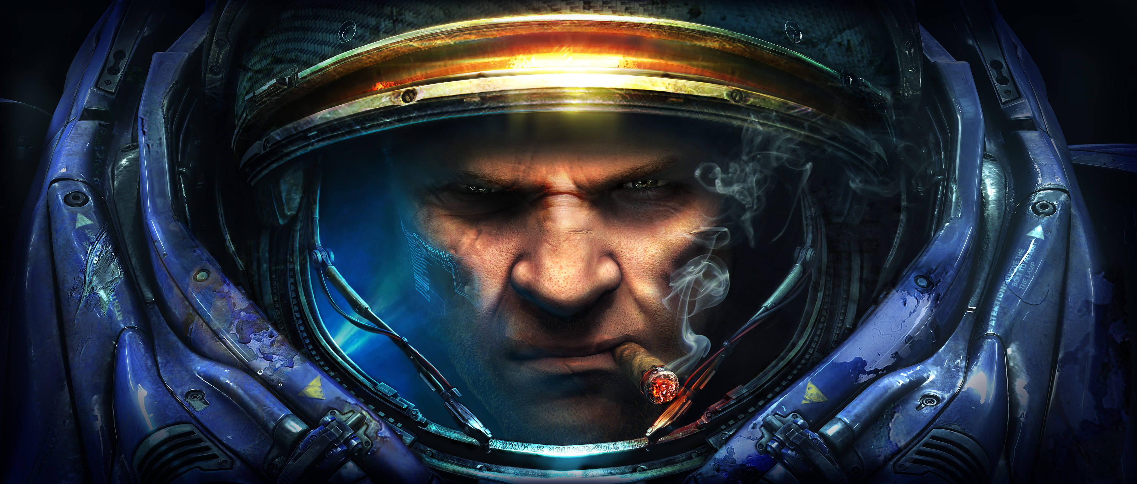 《StarCraft 2》Tychus數位藝術 壁紙 — 一個戴著藍色頭盔的陰沉太空人在黑暗的宇宙背景下抽雪茄，煙霧向上盤旋。