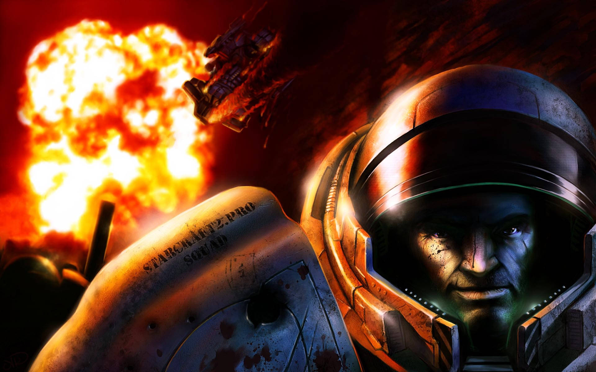 《StarCraft 2》戰鬥爆炸場景 壁紙 — 一名面容陰沉的太空人，頭戴破損的頭盔，直視前方，身後一艘太空船在熾熱的橙色和紅色混亂中爆炸。