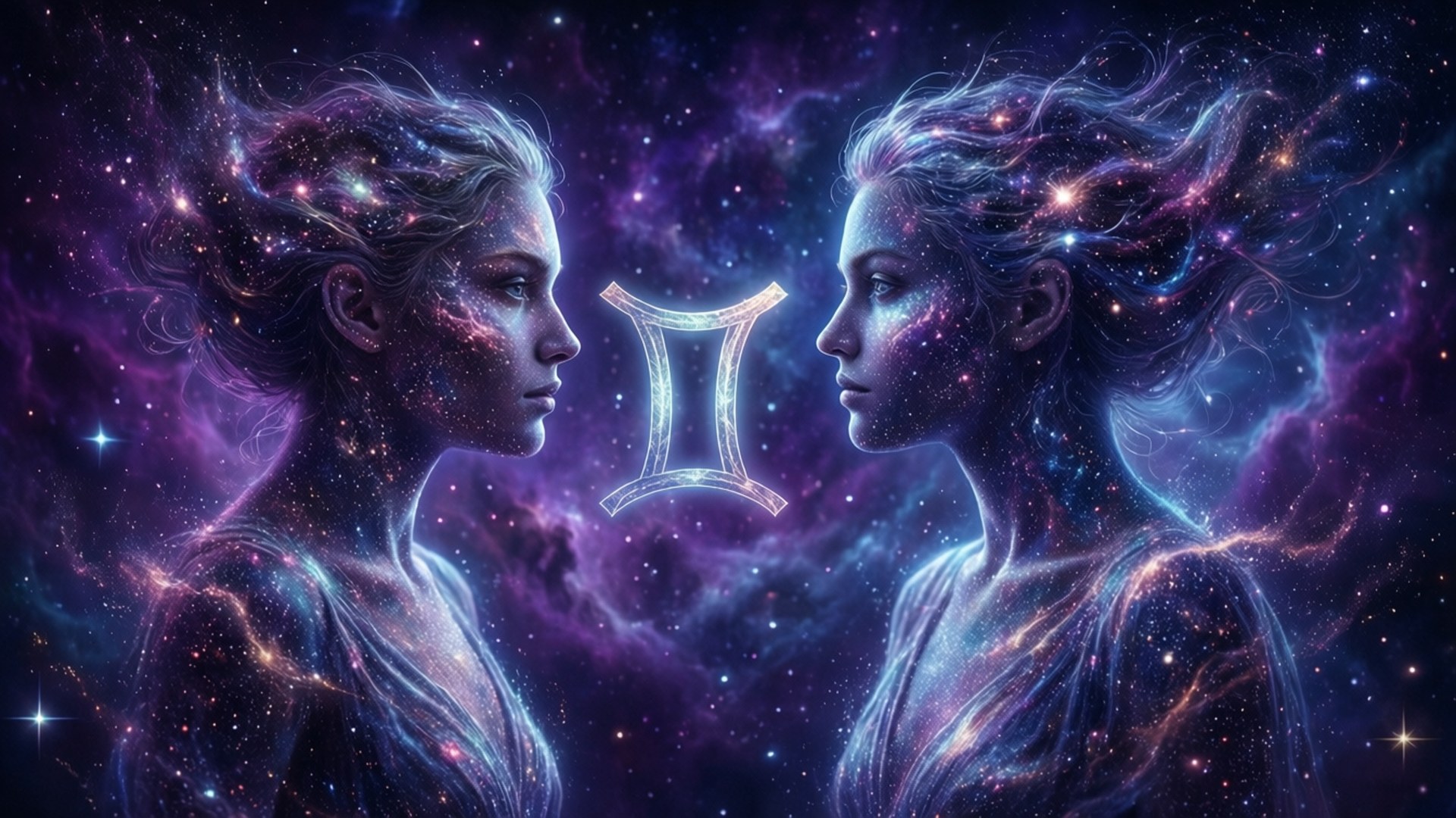 兩個帶有星形頭髮的女人在紫色星系中相對，它們之間有一個發光的雙子座符號。