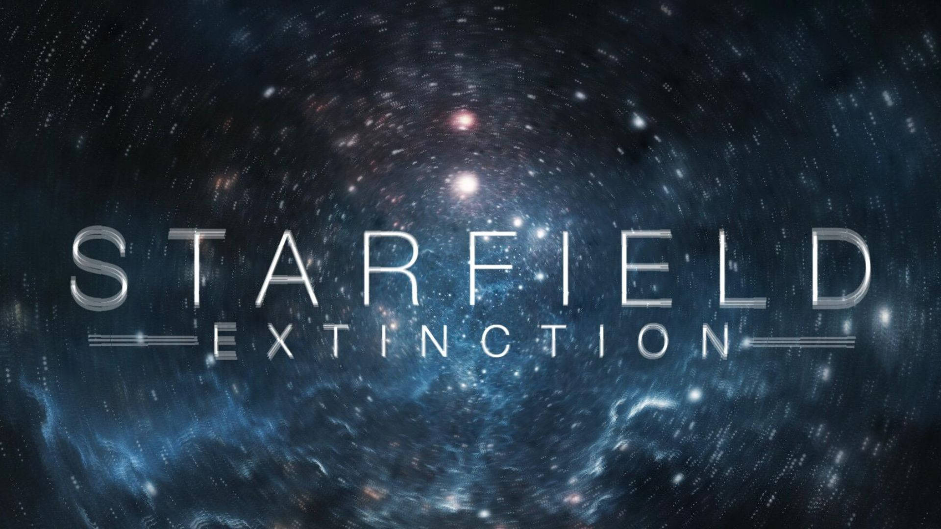 Starfield 星際滅絕 壁紙 — 在深空場景中，恆星和星雲的宇宙漩渦在金屬標題「STARFIELD EXTINCTION」後面旋轉。