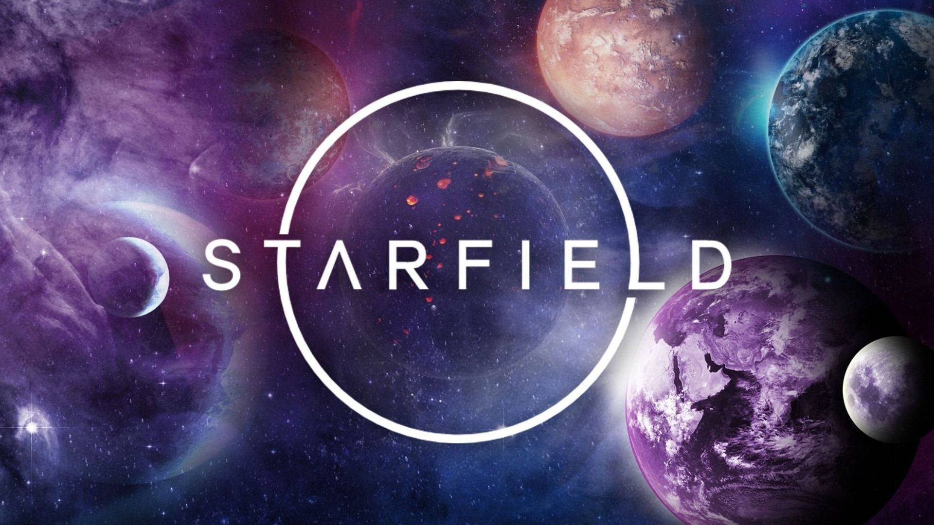 Starfield 行星 壁紙 — 一個宇宙場景，色彩繽紛的行星和星雲圍繞著白色圓圈中的 'STARFIELD' 一詞。
