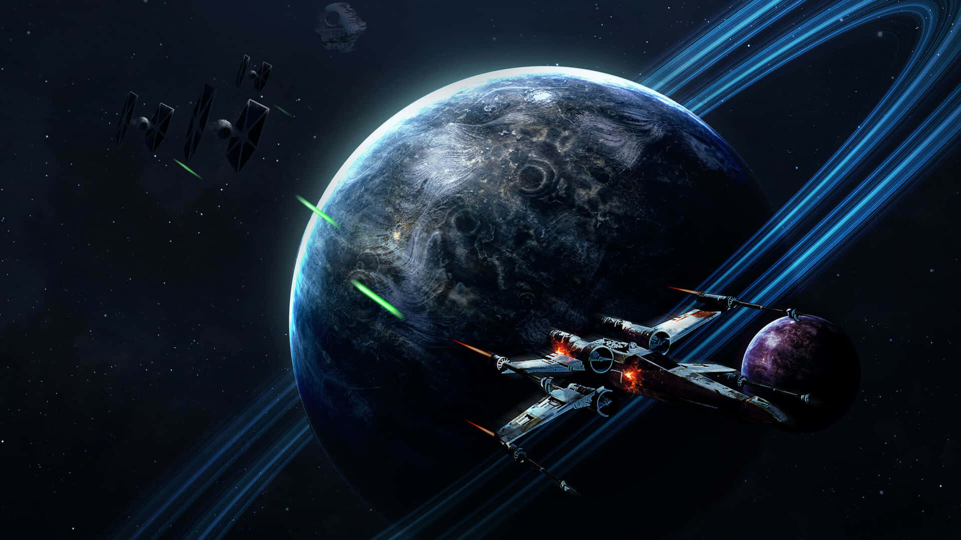  壁紙 — 一架星際戰機在深空中一個巨大的環狀行星附近與TIE戰機進行纏鬥。