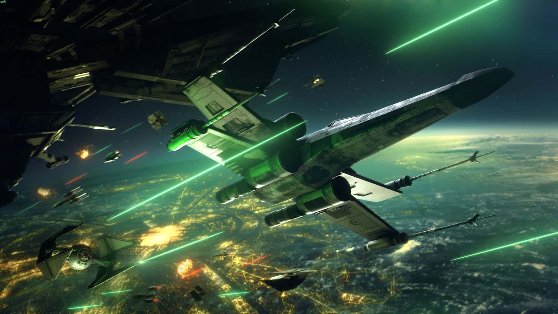  壁紙 — 星際戰機在發光行星上空決鬥，綠色激光爆炸和爆炸照亮了宇宙戰場。