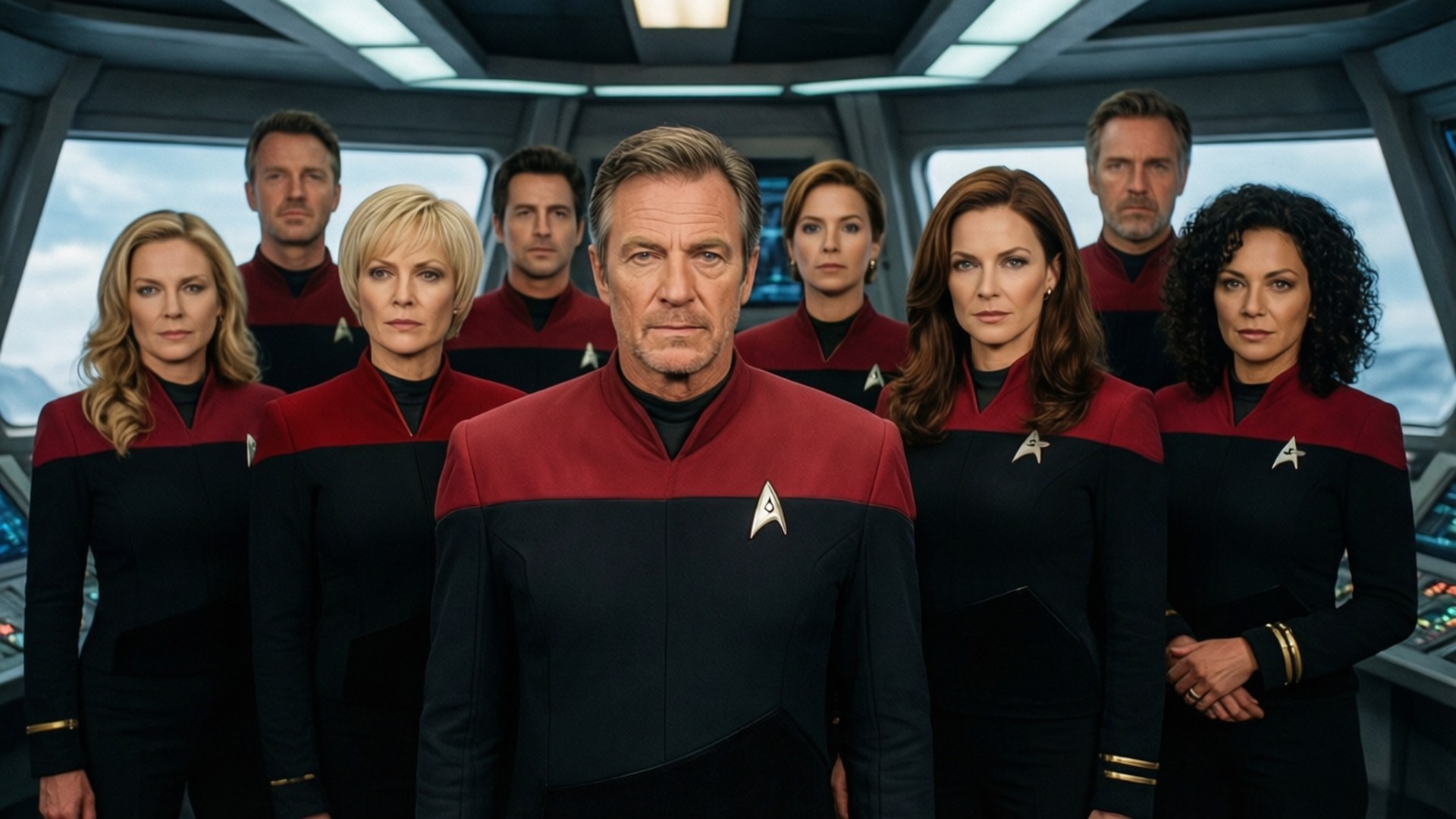 Jeri Ryan 桌布 壁紙 — 星際艦隊船員穿著紅色和黑色制服，莊嚴地站在一個未來主義的太空船艦橋上，艦橋有發光的面板和顯示雲層的窗戶。