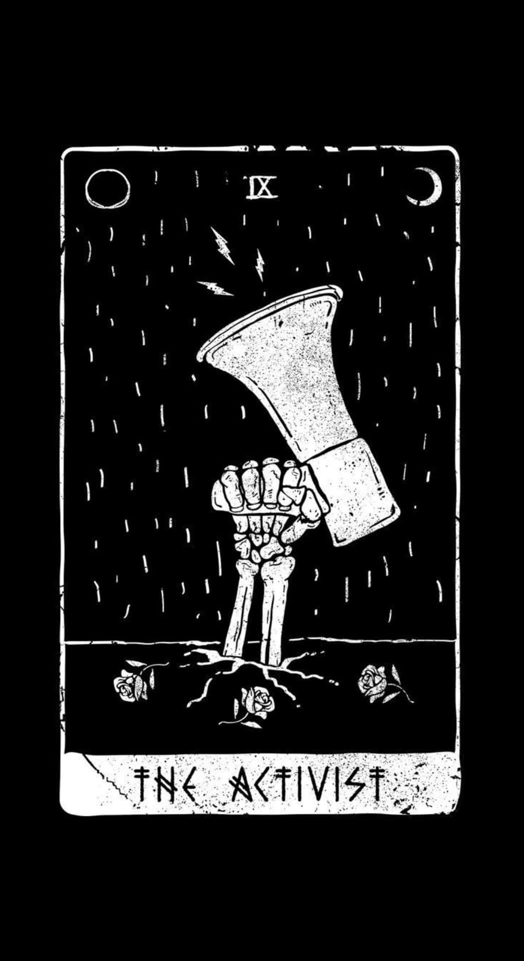  壁紙 — 一幅鮮明的黑白插圖，描繪一隻骷髏手在雨中緊握擴音器，底部有玫瑰。