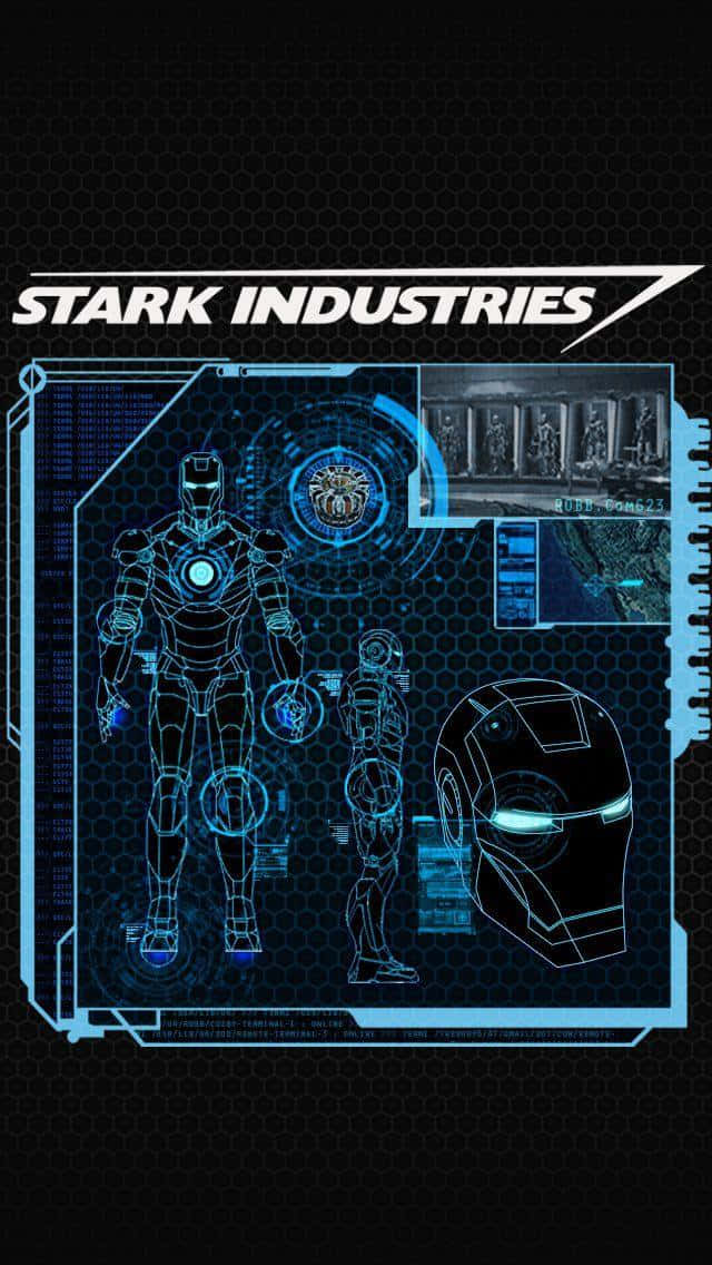 Iron Man Technology 桌布 壁紙 — Stark Industries 的藍色全息藍圖在六邊形網格背景上顯示 Iron Man 裝甲示意圖。