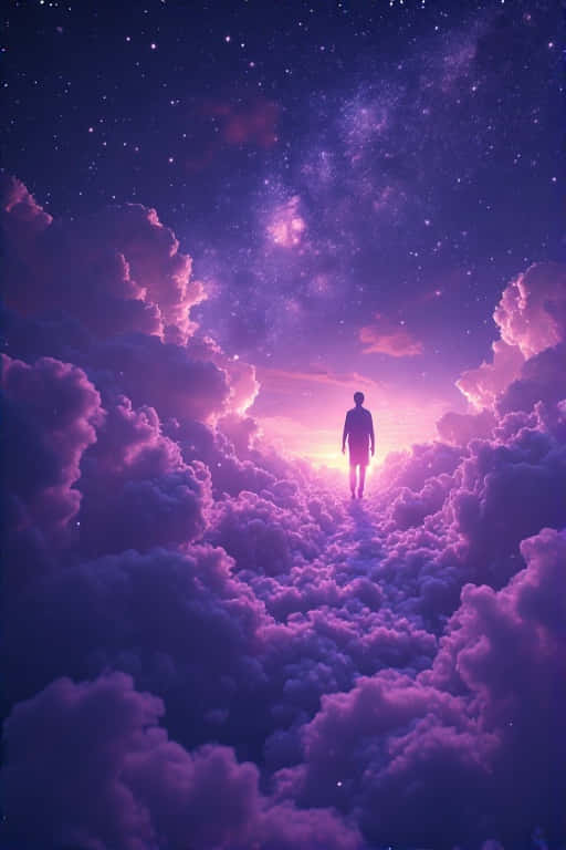一個人在星空下穿過紫色雲層，走向明亮的宇宙地平線。