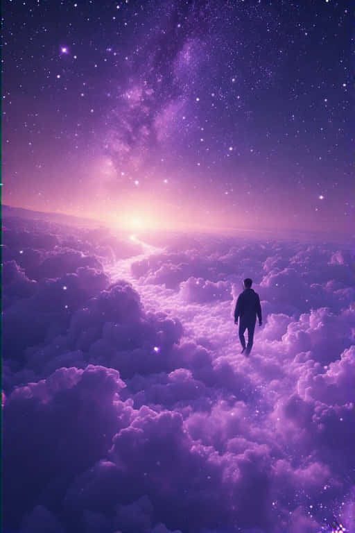人在雲上走向明亮光芒，背景是星光閃爍的紫色天空
