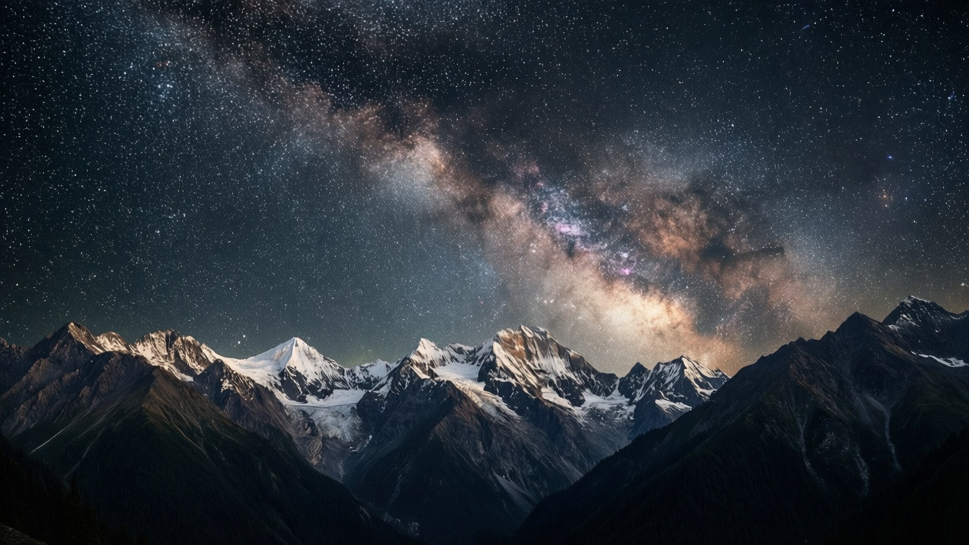 在充滿星星的充滿活力的銀河系下的白雪覆蓋的山脈