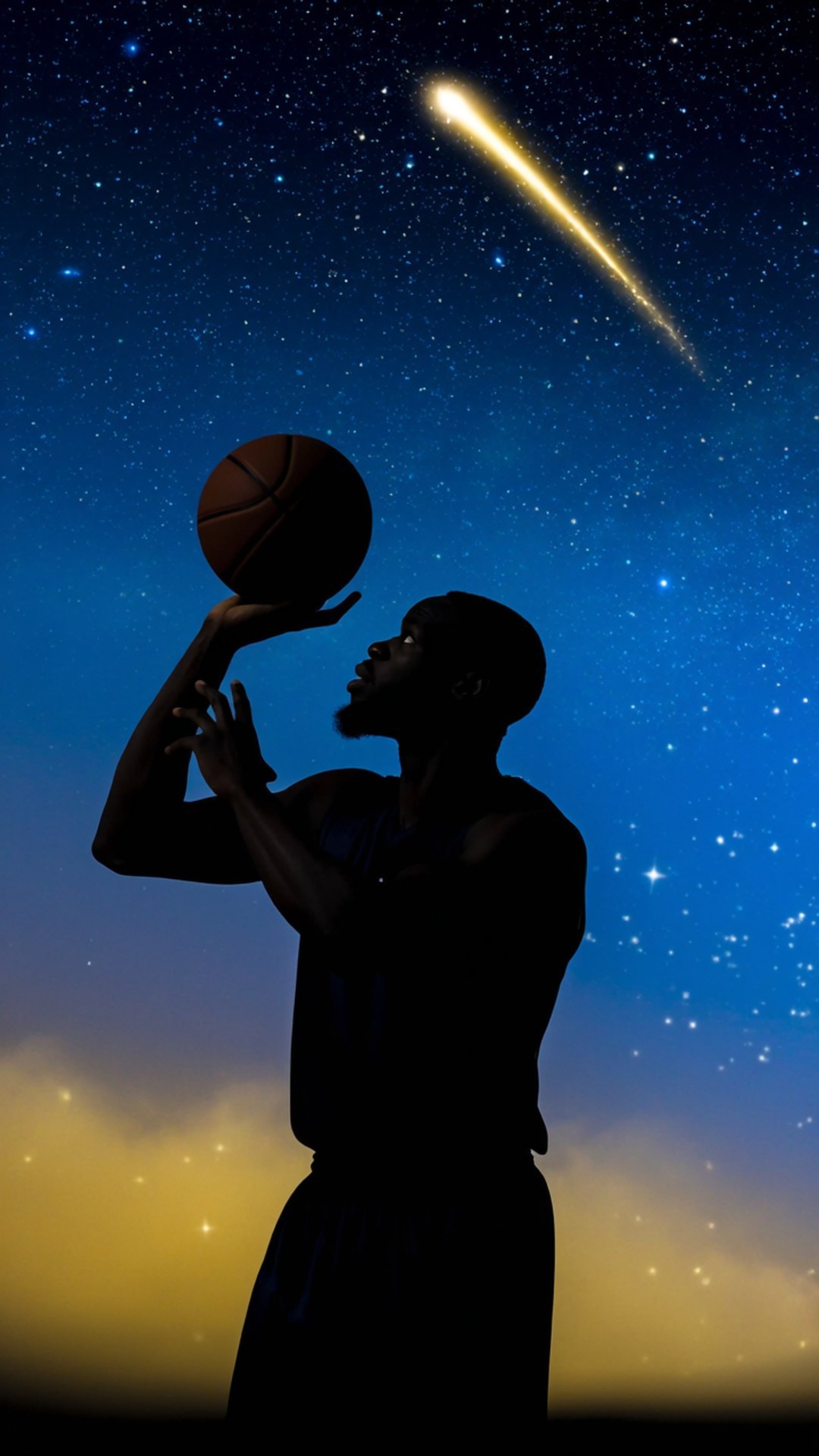 一個籃球運動員在星空下射球，頭頂有一顆彗星劃過。