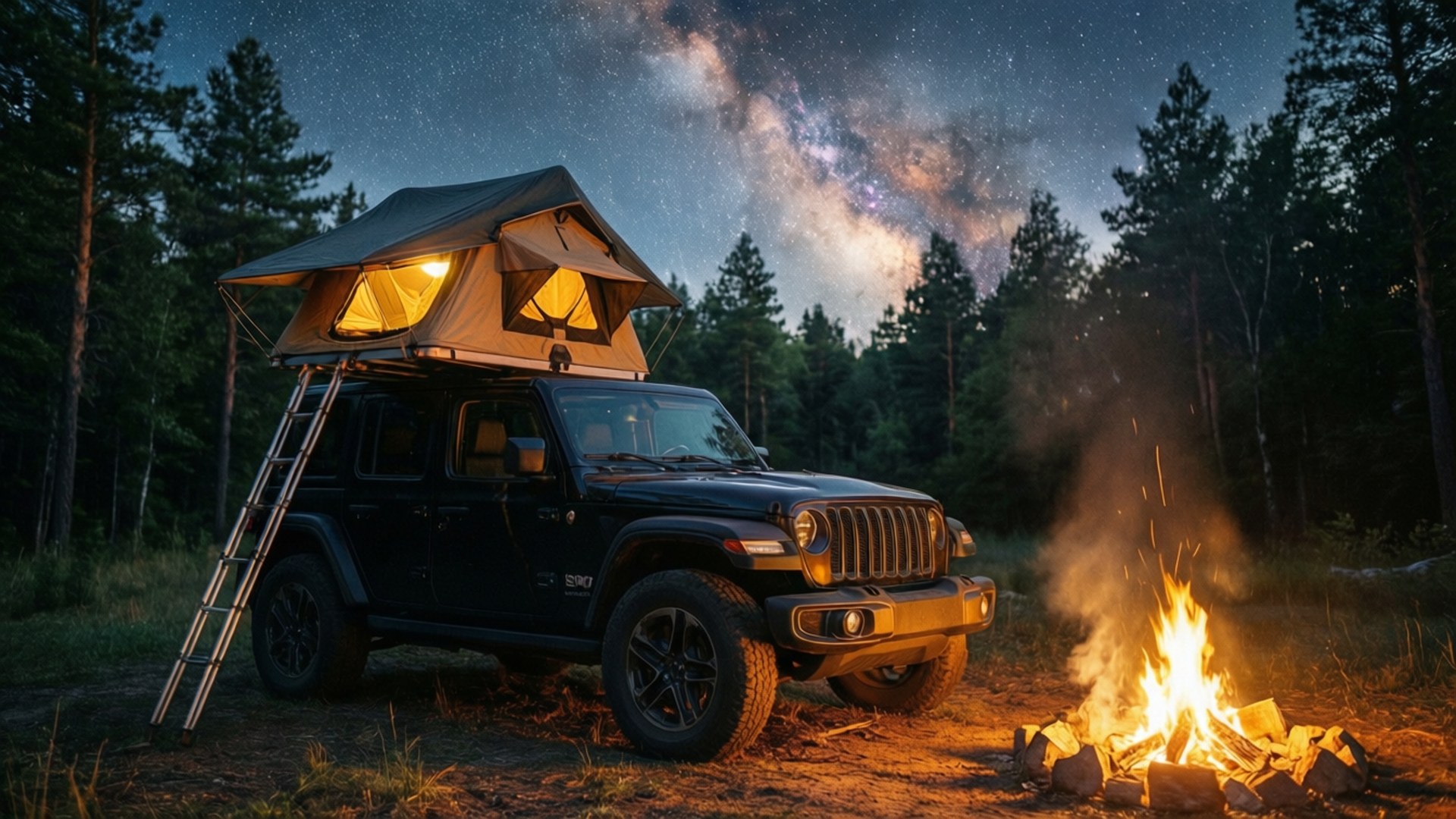 黑色Jeep Wrangler、車頂帳篷、營火、星空下的森林