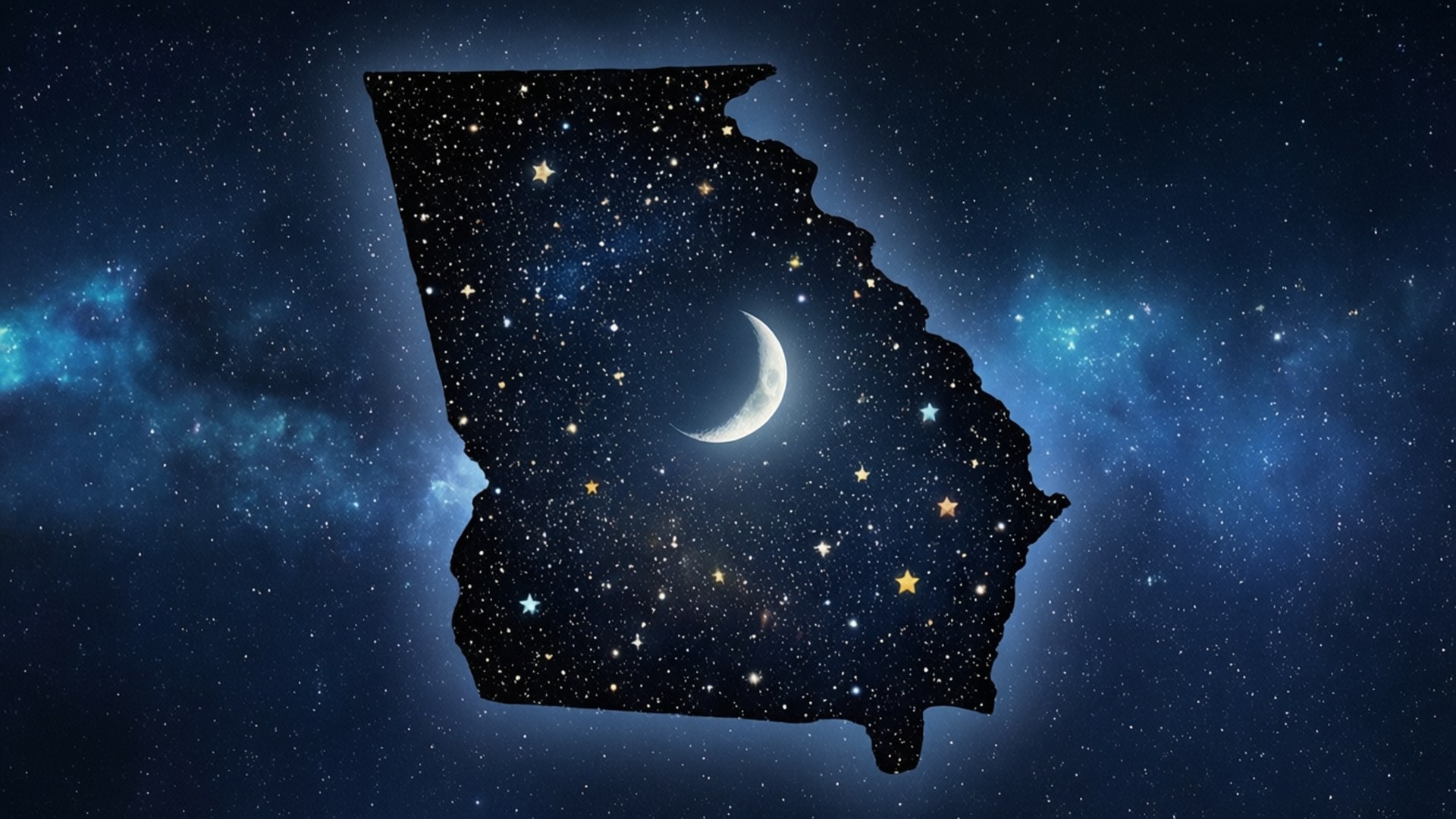 佐治亞州的地圖輪廓，充滿星星和一彎新月，背景是星空夜空。