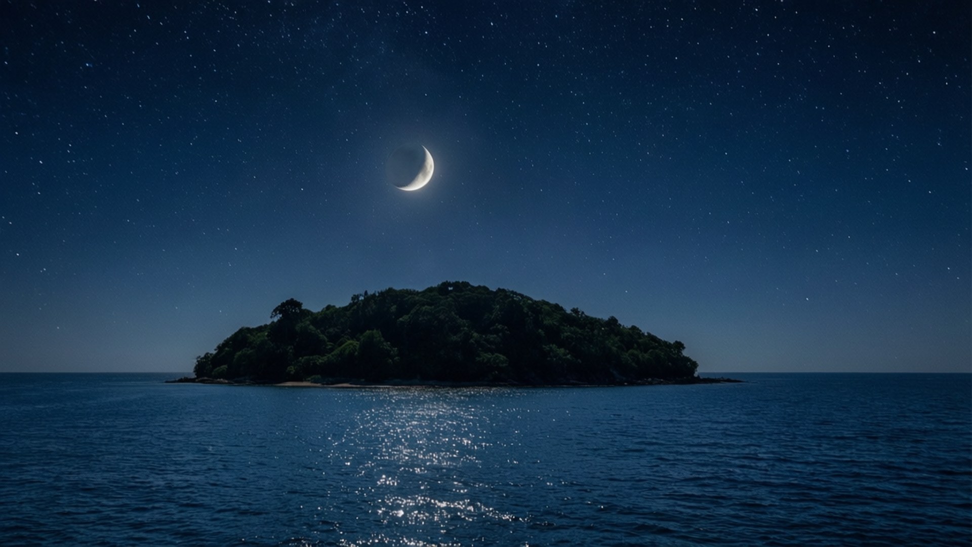 一個小森林島嶼，在彎月和星空下，平靜的海洋