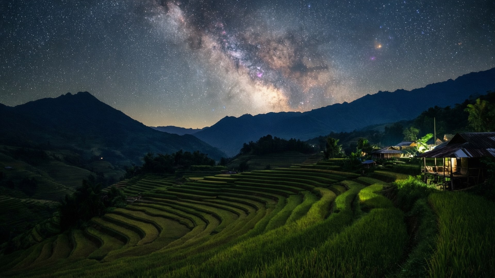 銀河下的梯田，以山為背景，夜間亮燈的木屋