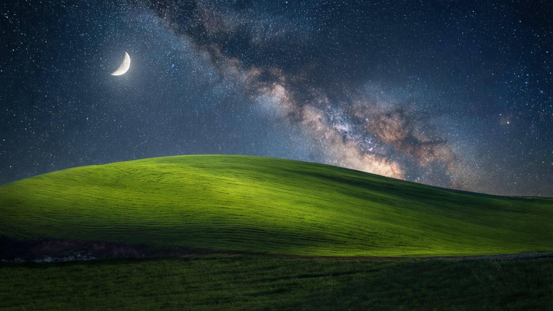 星空下的綠色山丘，可見新月和銀河