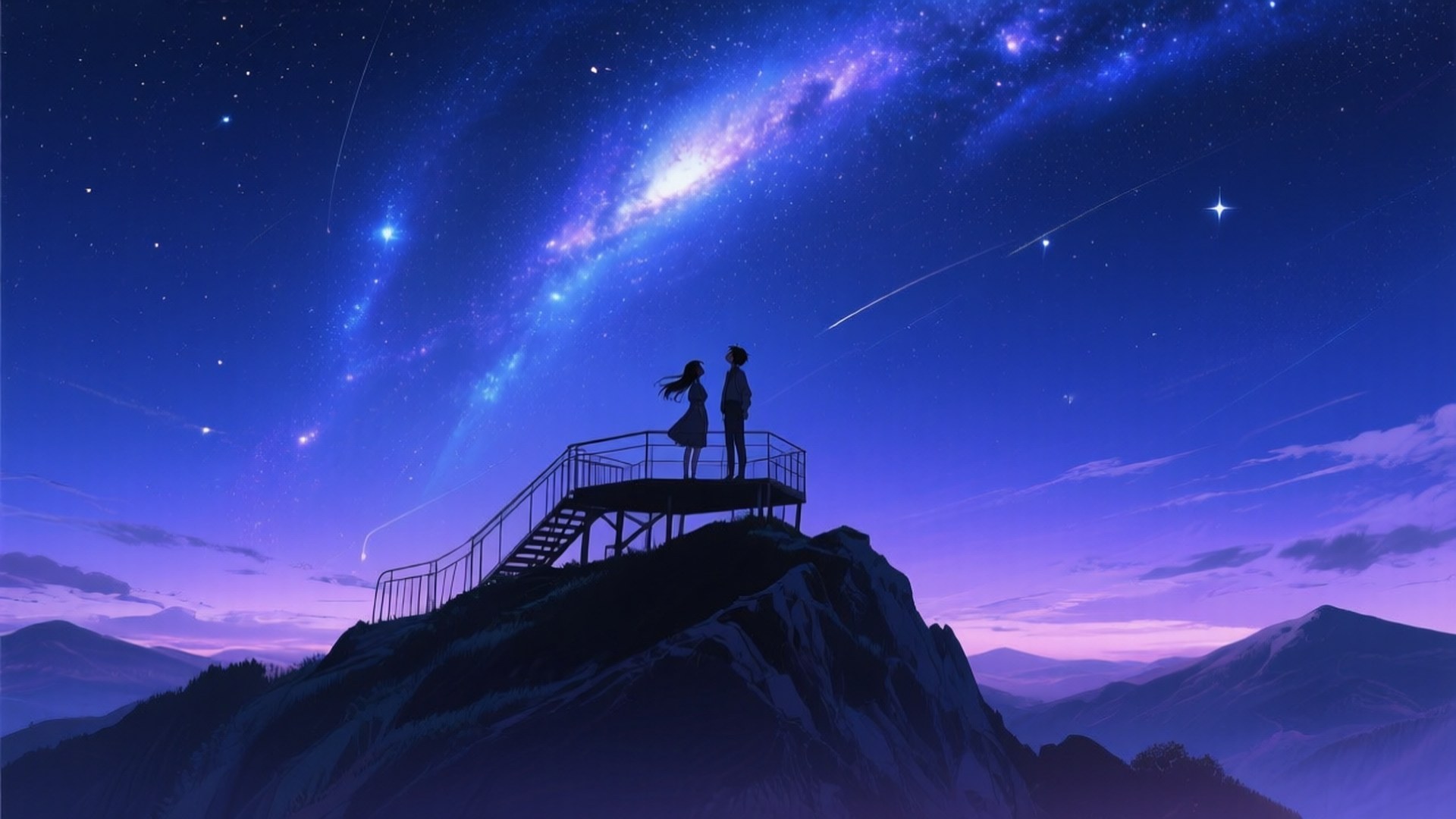 兩個人在星空下的山頂觀景台，可見星系和流星。