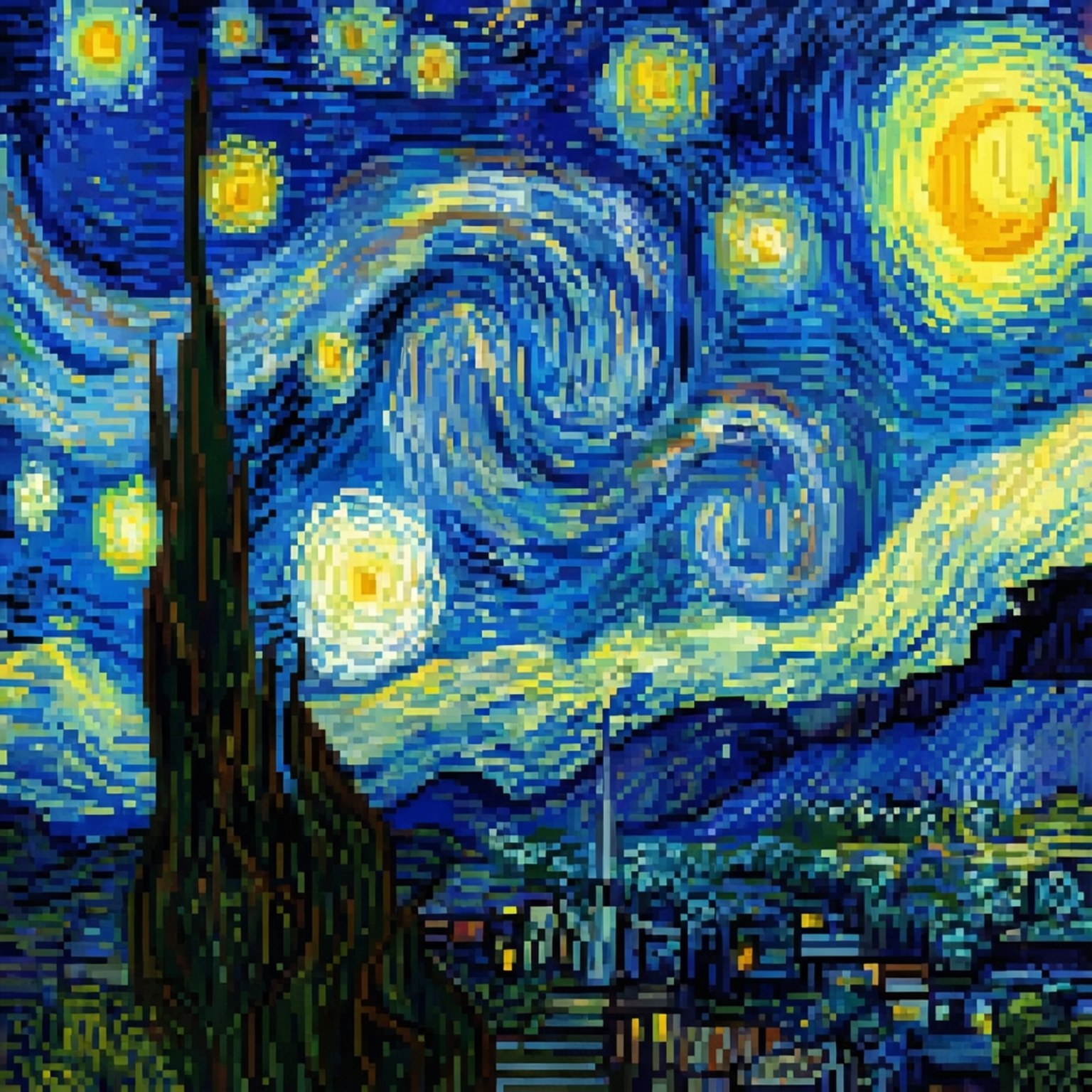 像素化星夜畫作，旋轉天空，柏樹，下方村莊