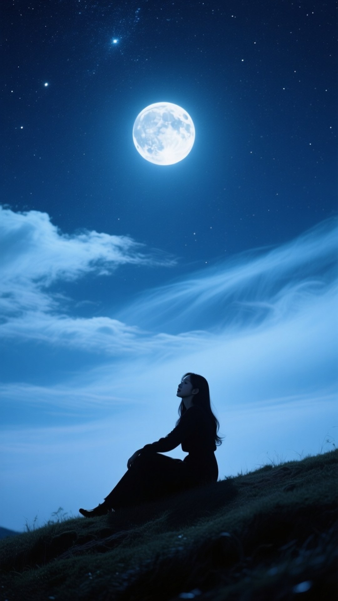 一個女人坐在山丘上仰望明亮的滿月和星星的剪影