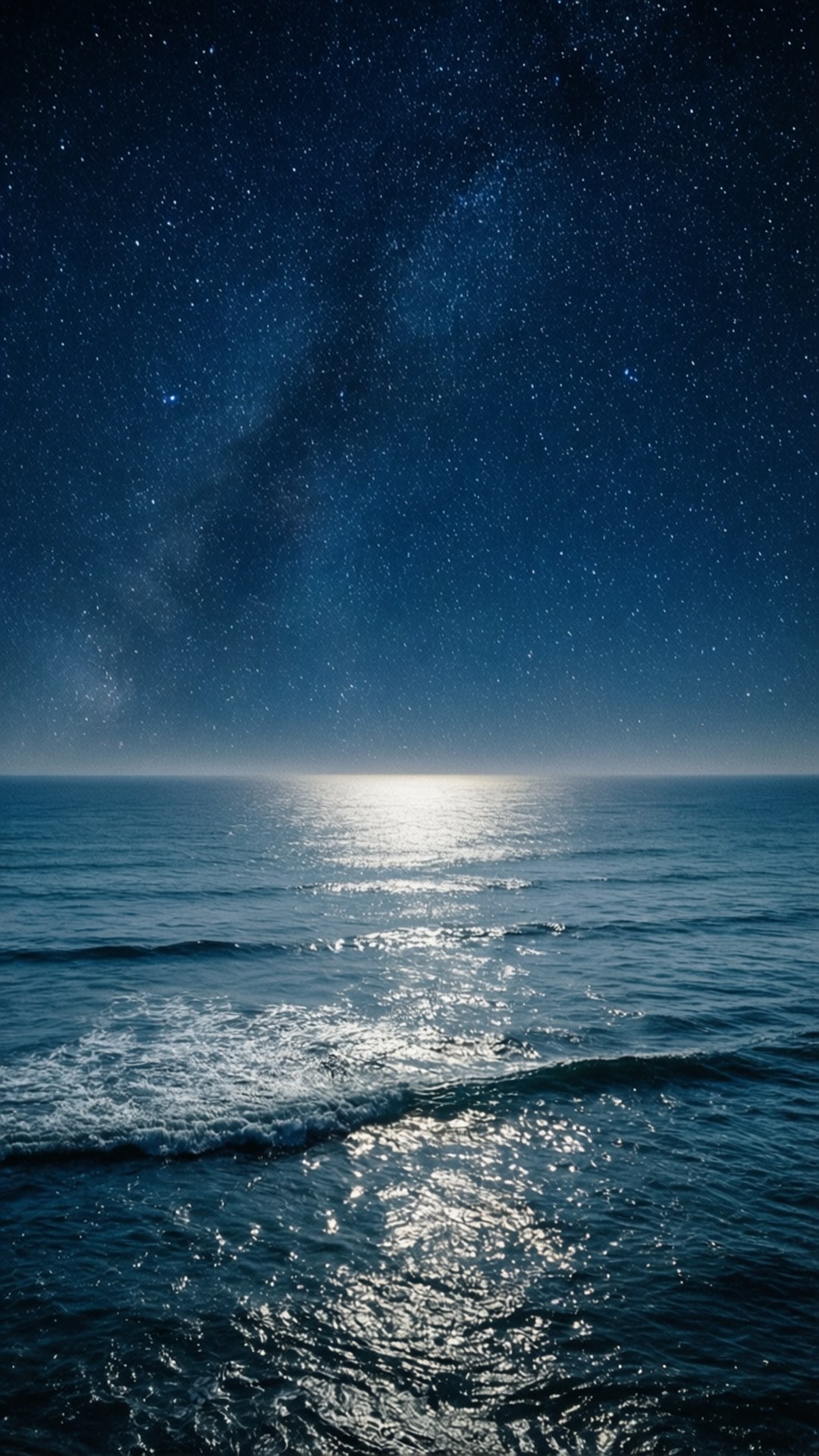 繁星點點的夜空，銀河在平靜的海面上拱起，海面反射月光