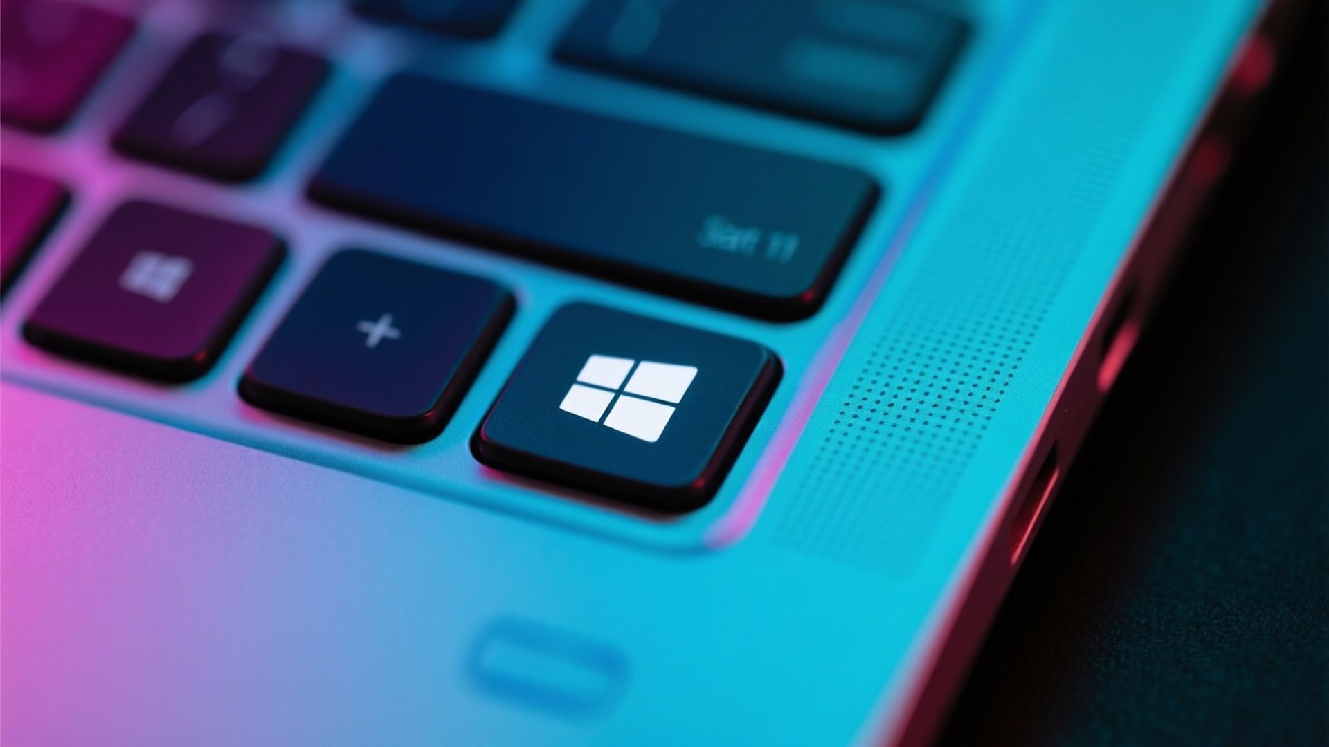 筆記型電腦鍵盤，Windows 鍵周圍有鮮豔的藍色和紫色背光。