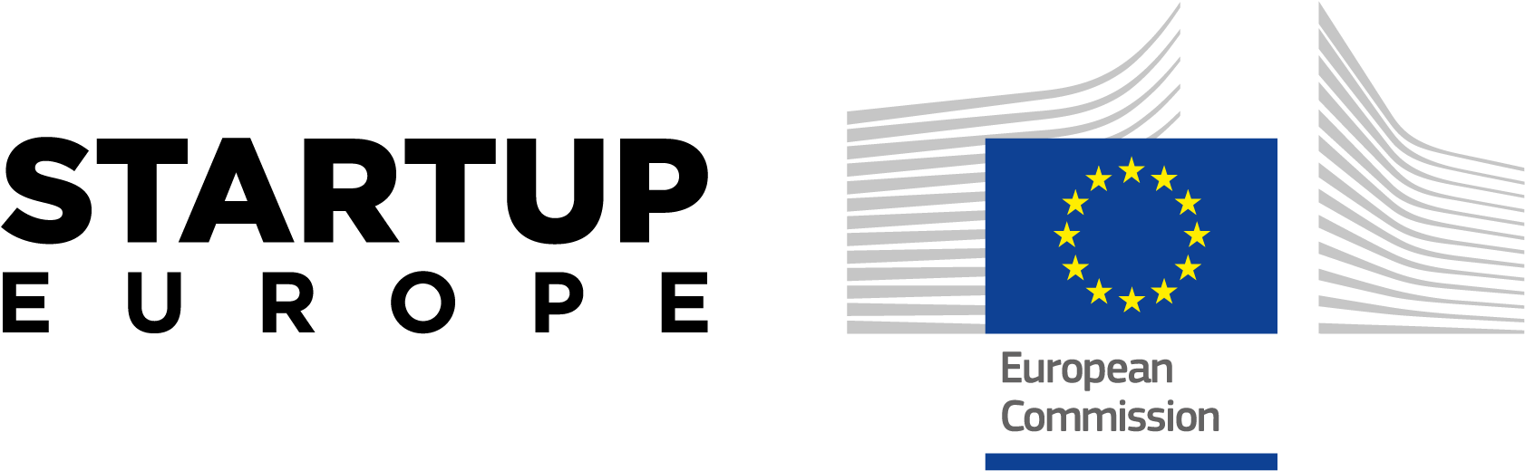 Startup Europe 歐盟委員會標誌 壁紙 — 歐盟委員會標誌，藍色正方形和黃色星星居中於白色波浪條紋之間，背景為黑色。