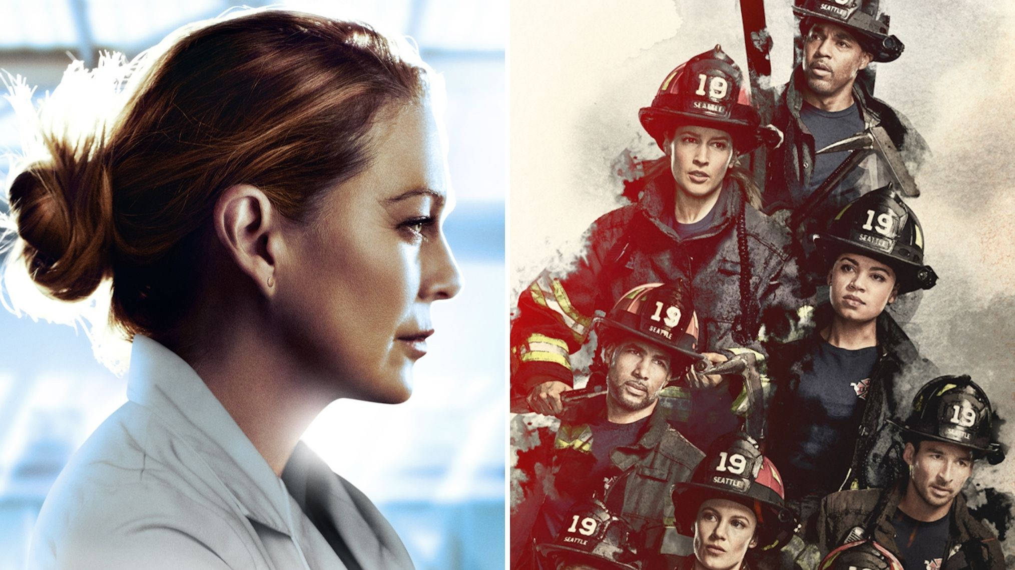 Station 19 與實境醫劇 壁紙 — 一名側面女子旁邊有一群穿著裝備、戴著「19 SEATTLE」頭盔的消防員。
