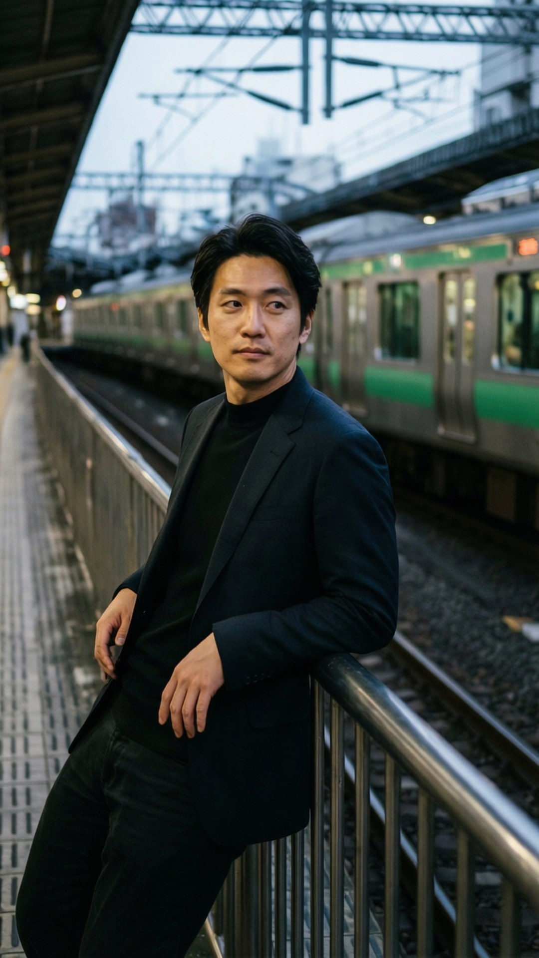 身穿黑色西裝的男子靠在車站欄杆上，背景有火車駛過