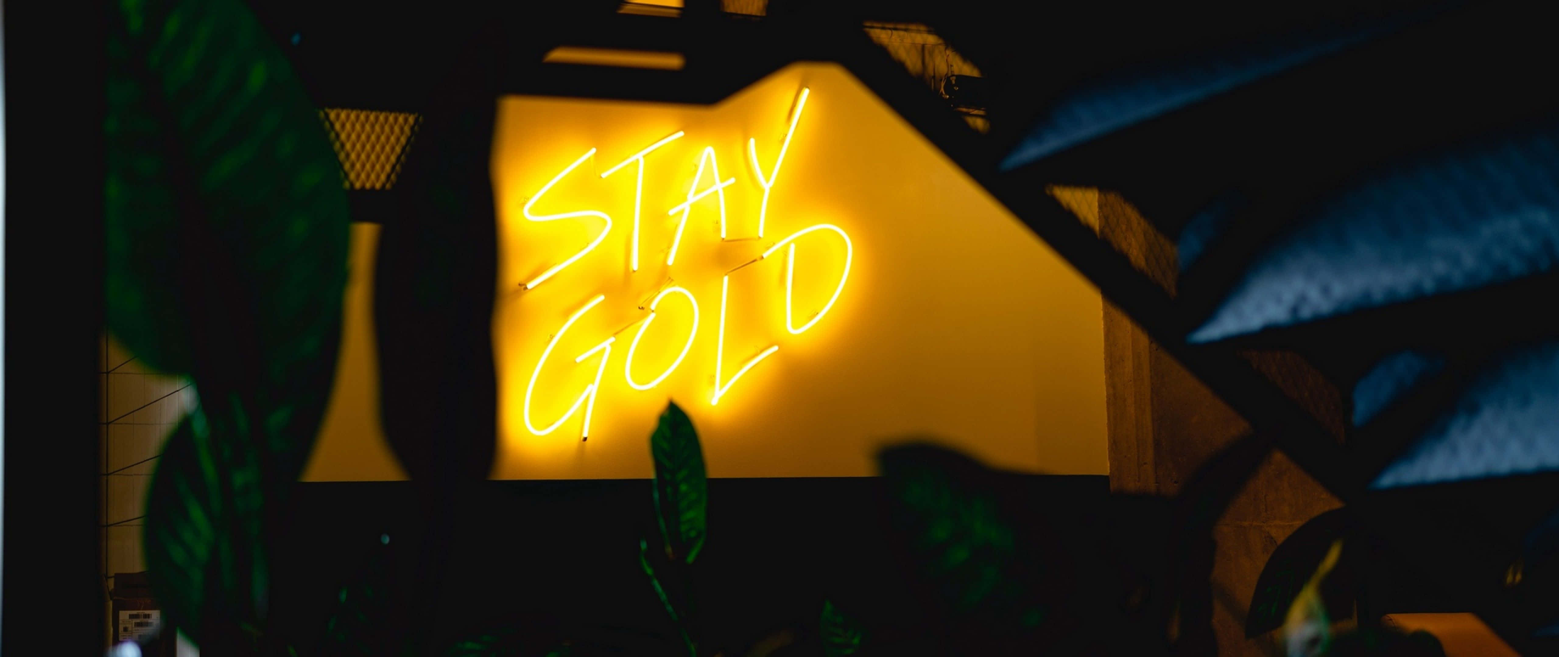 鼓舞人心的霓虹「Stay Gold」圖 壁紙 — 一個發光的黃色霓虹燈牌，上面寫著「STAY GOLD」，被深色剪影樹葉框在一個陰鬱的室內環境中。
